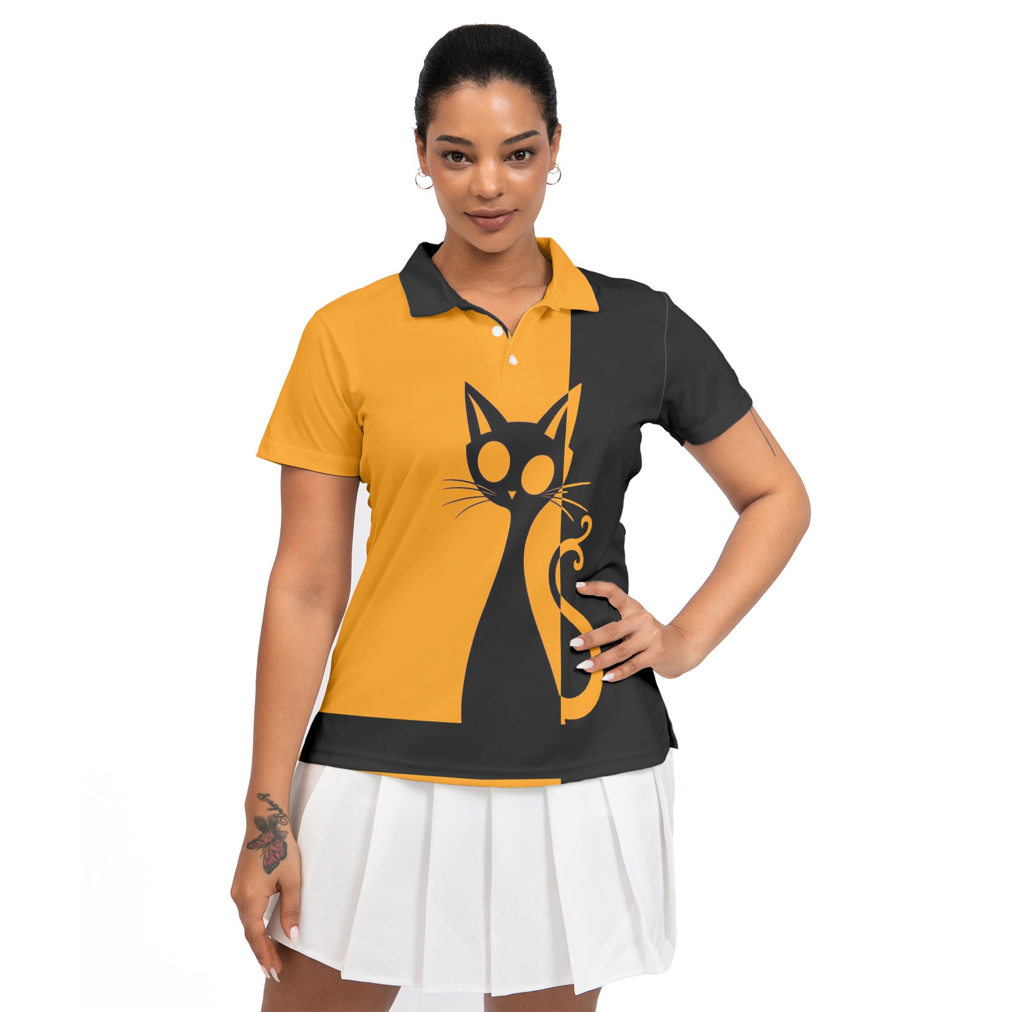 Single Silhouette Cat Halloween Women Polo Shirt - HYPERFAVOR