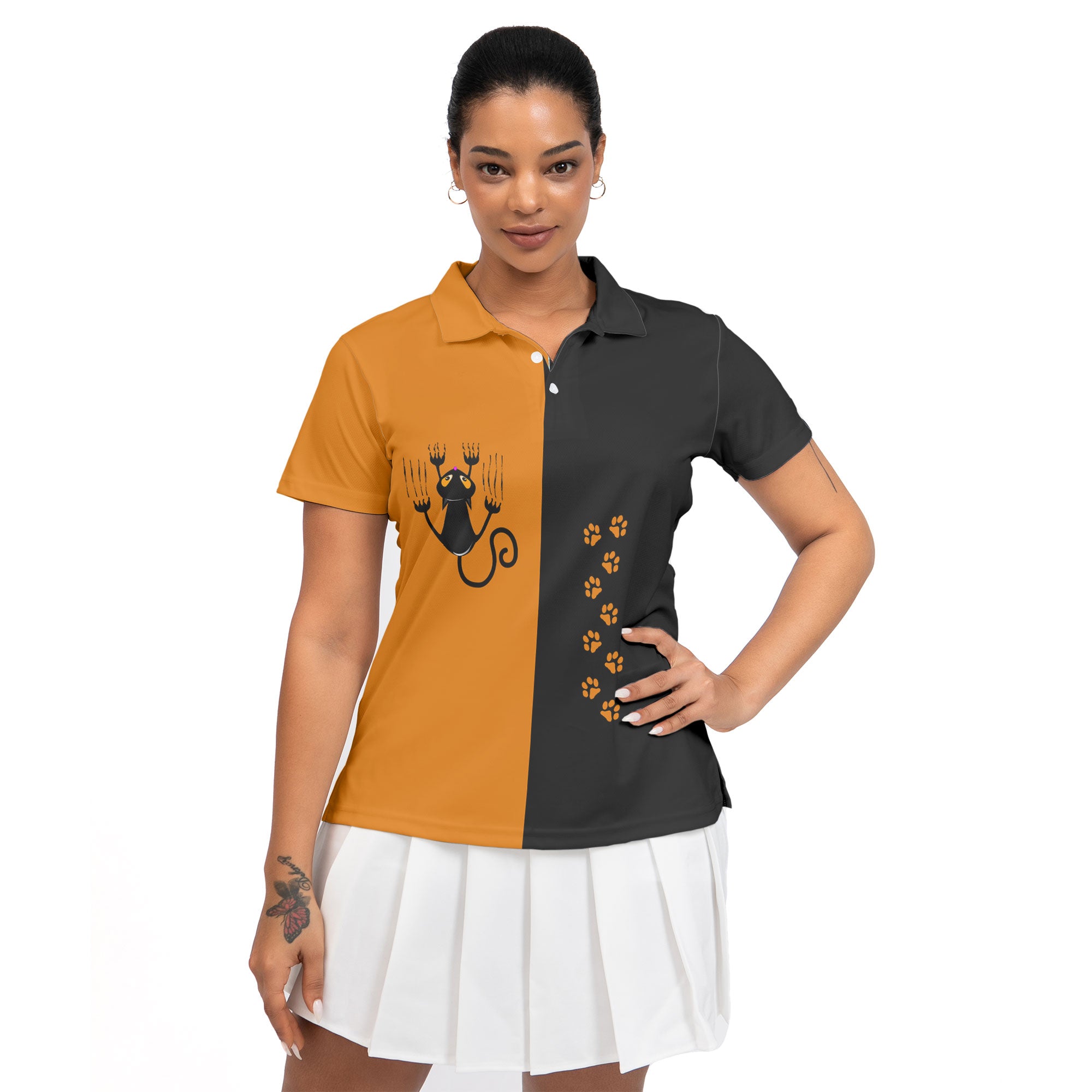 Naughty Cat Pawing Orange Halloween Women Polo Shirt - HYPERFAVOR