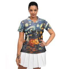 Black Cat Halloween Style Van Gogh Woman Polo Shirt - HYPERFAVOR