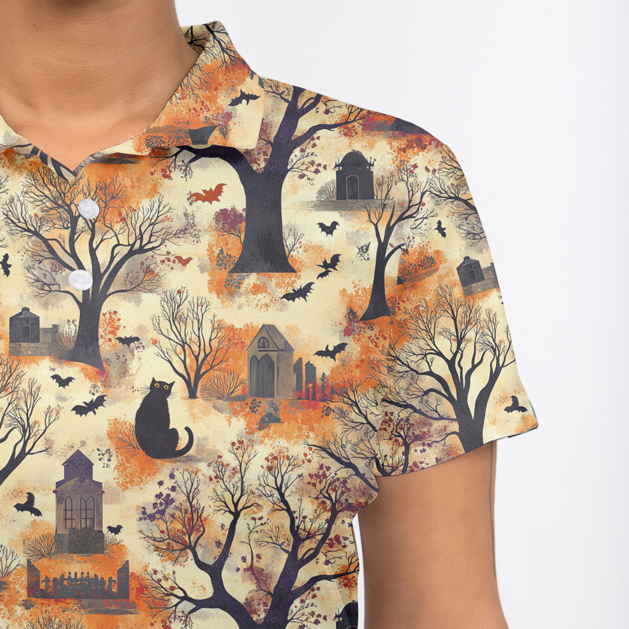 Cat And Graveyard Halloween Pattern Woman Polo Shirt - HYPERFAVOR