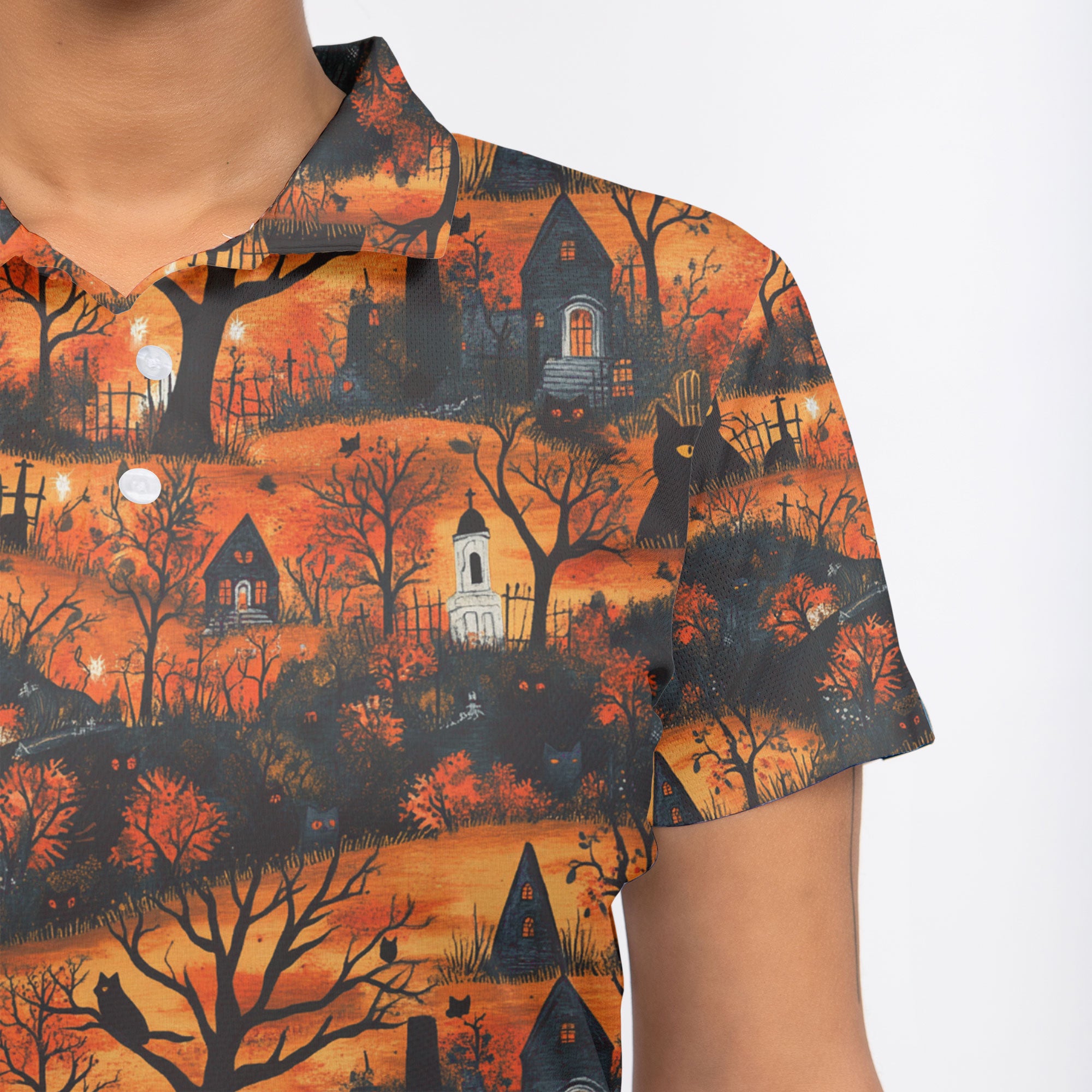 Cat & Castle Silhouette Halloween Pattern Women Polo Shirt - HYPERFAVOR