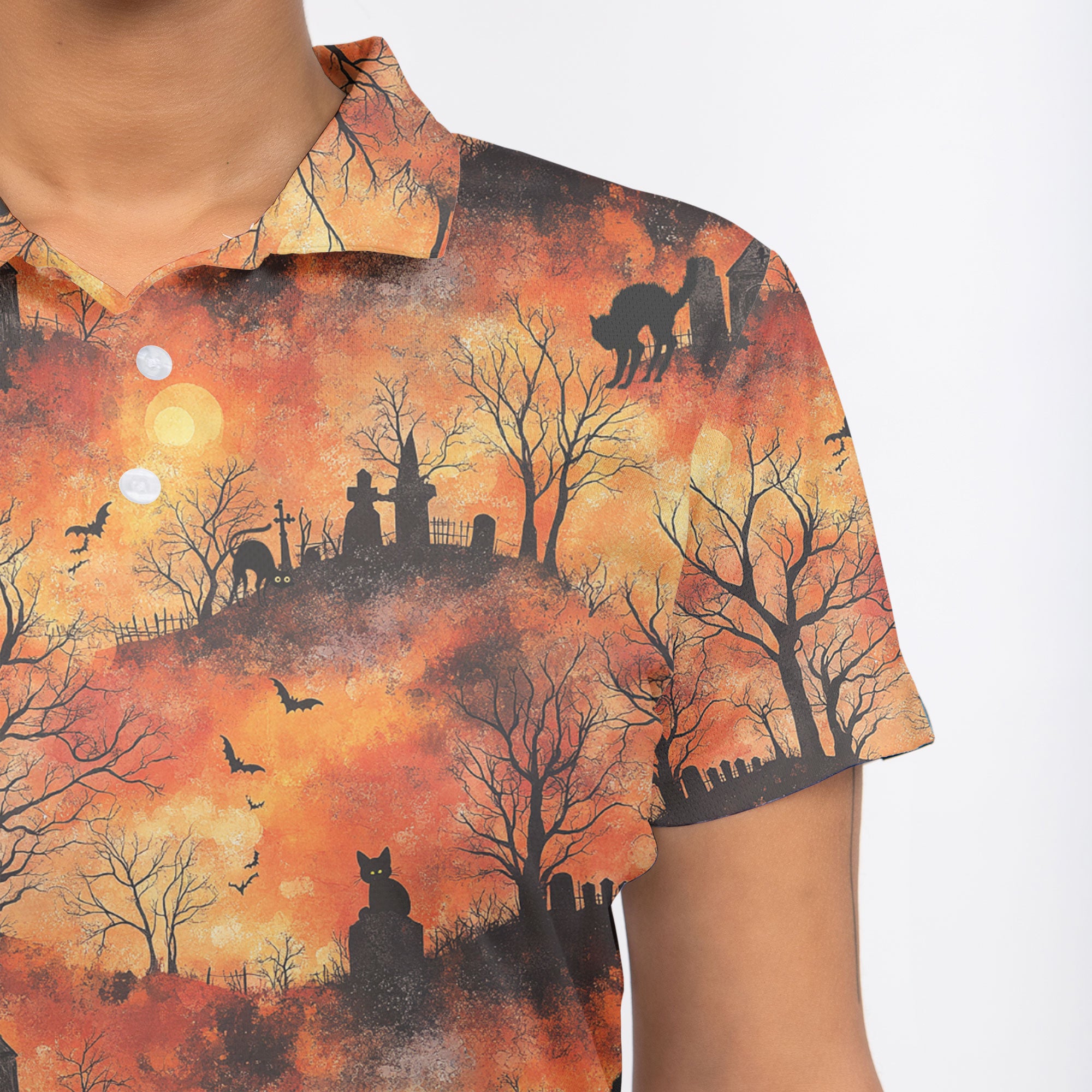 Cat Graveyard Orange Halloween Pattern Woman Polo Shirt - HYPERFAVOR