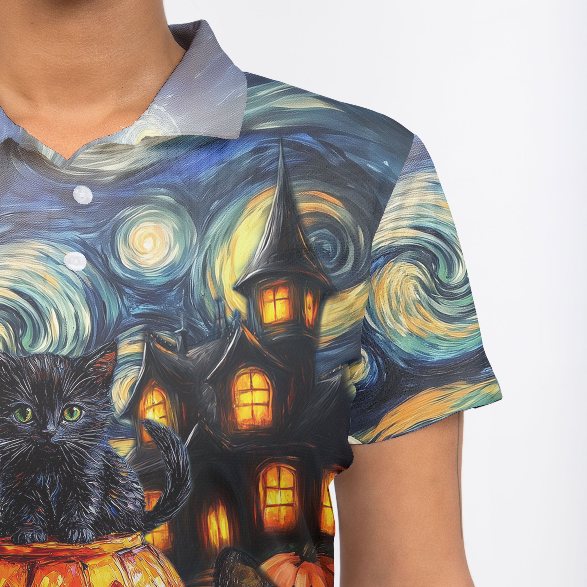 Black Cat Halloween Style Van Gogh Woman Polo Shirt - HYPERFAVOR