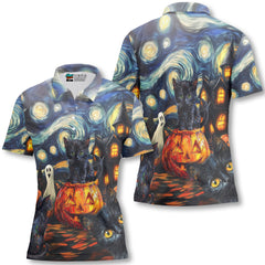 Black Cat Halloween Style Van Gogh Woman Polo Shirt - HYPERFAVOR