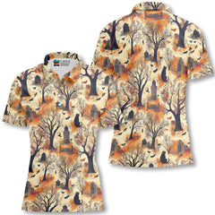 Cat And Graveyard Halloween Pattern Woman Polo Shirt - HYPERFAVOR