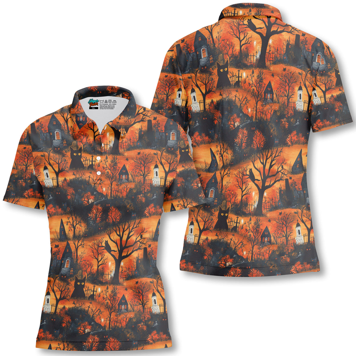 Cat & Castle Silhouette Halloween Pattern Women Polo Shirt - HYPERFAVOR