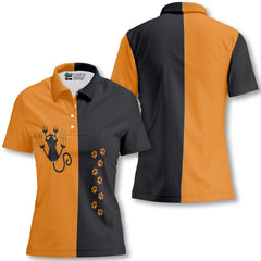 Naughty Cat Pawing Orange Halloween Women Polo Shirt - HYPERFAVOR