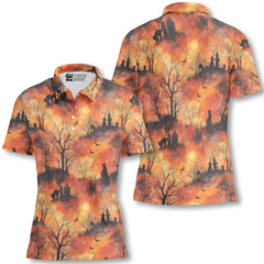 Cat Graveyard Orange Halloween Pattern Woman Polo Shirt - HYPERFAVOR