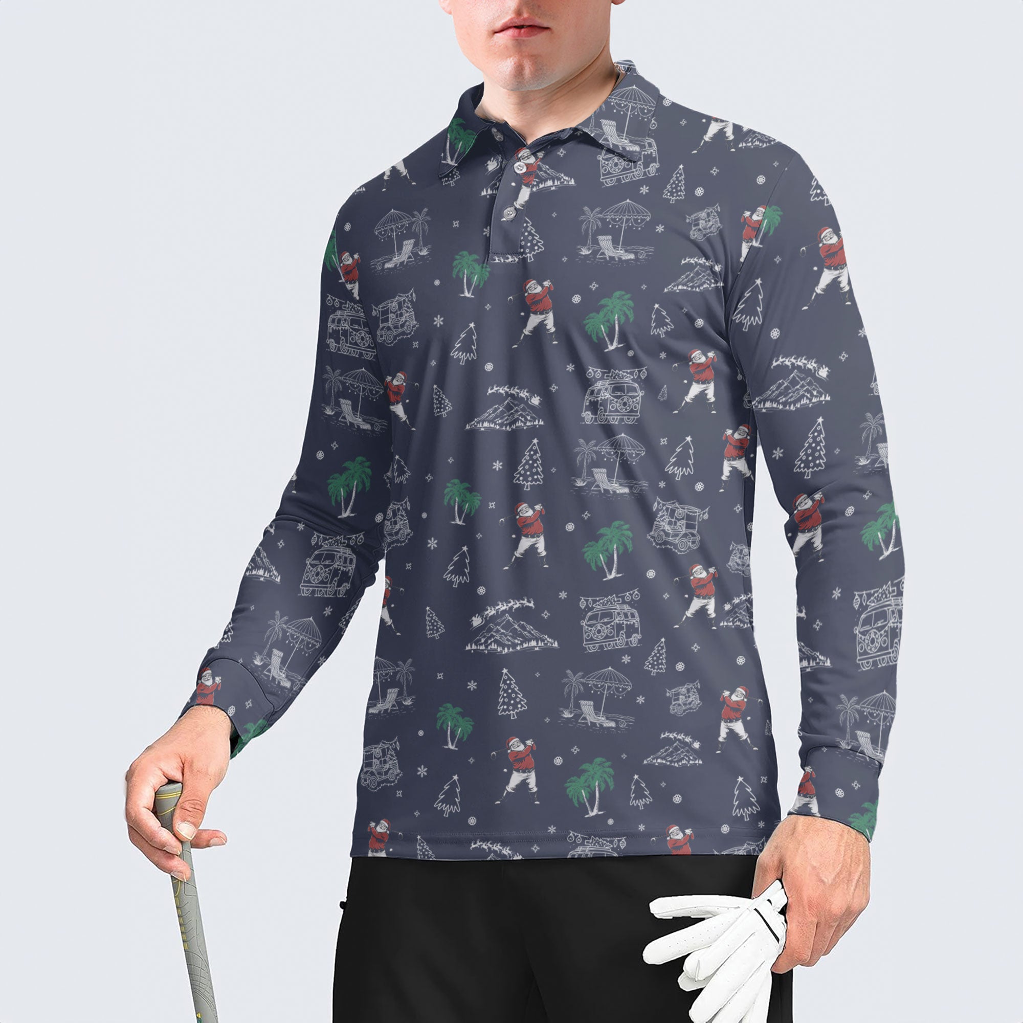 Charcoal Seamless Santa Golfing Long Sleeve Polo Shirts