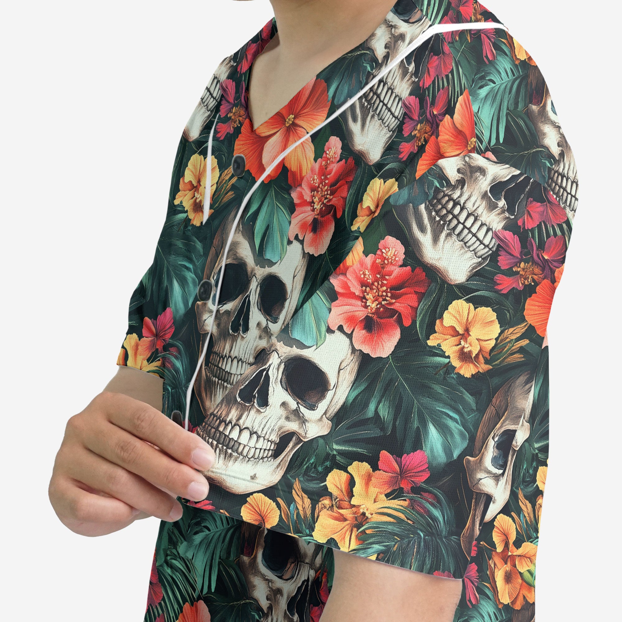 Colorful Flower Skull Pattern Baseball Jersey - HYPERFAVOR