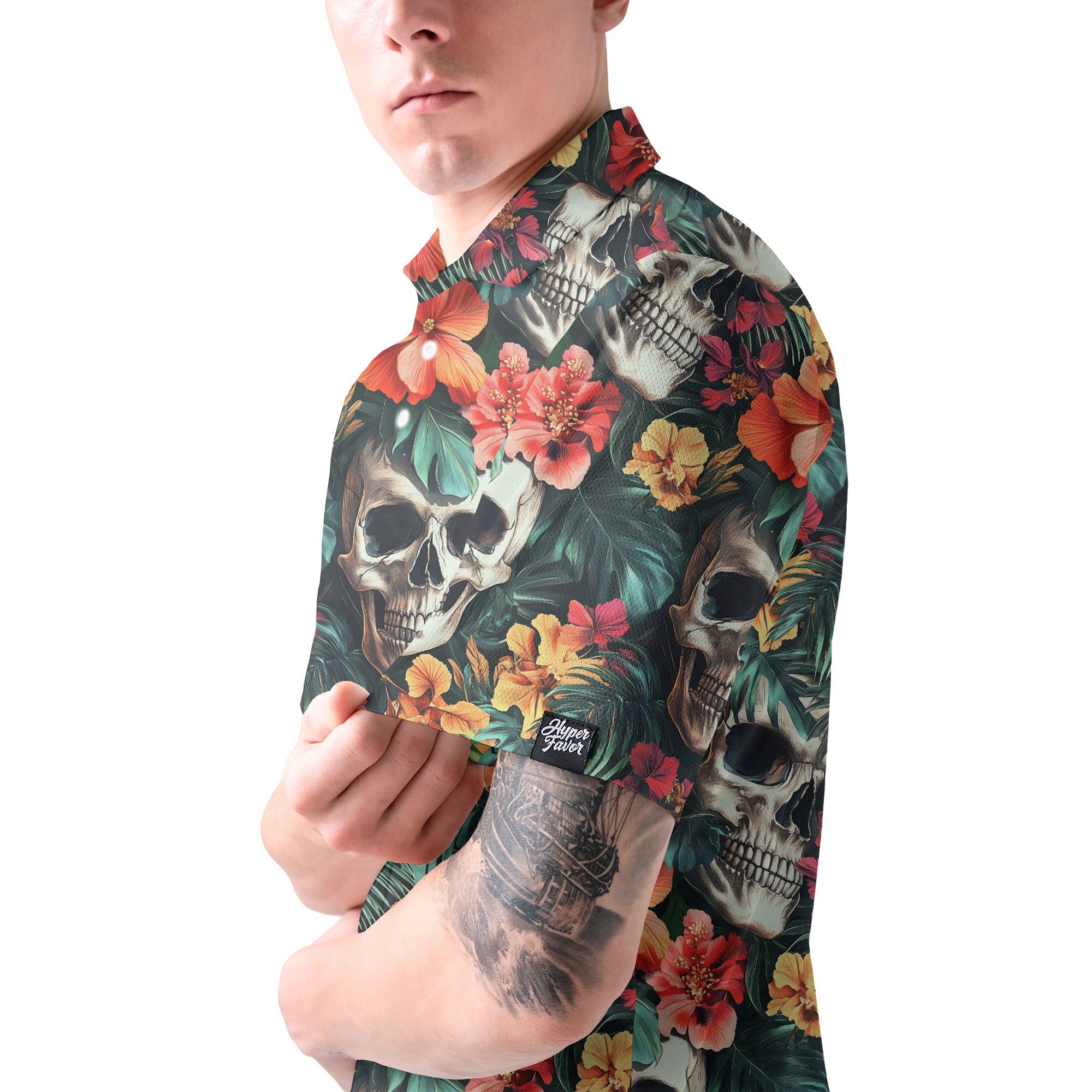 Colorful Flower Skull Pattern Polo Shirt - HYPERFAVOR