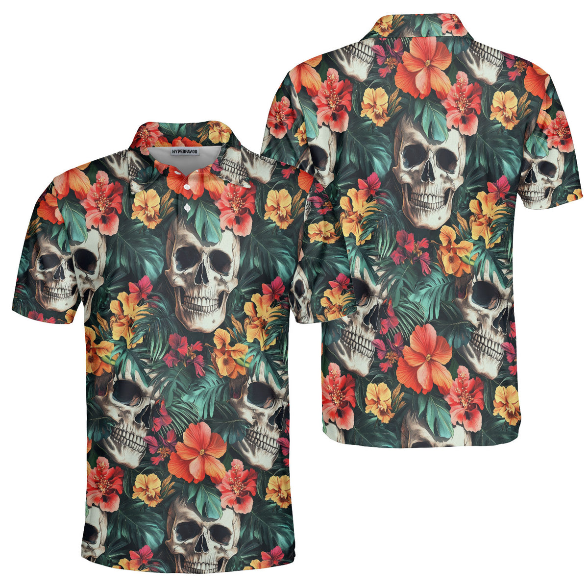 Colorful Flower Skull Pattern Polo Shirt - HYPERFAVOR