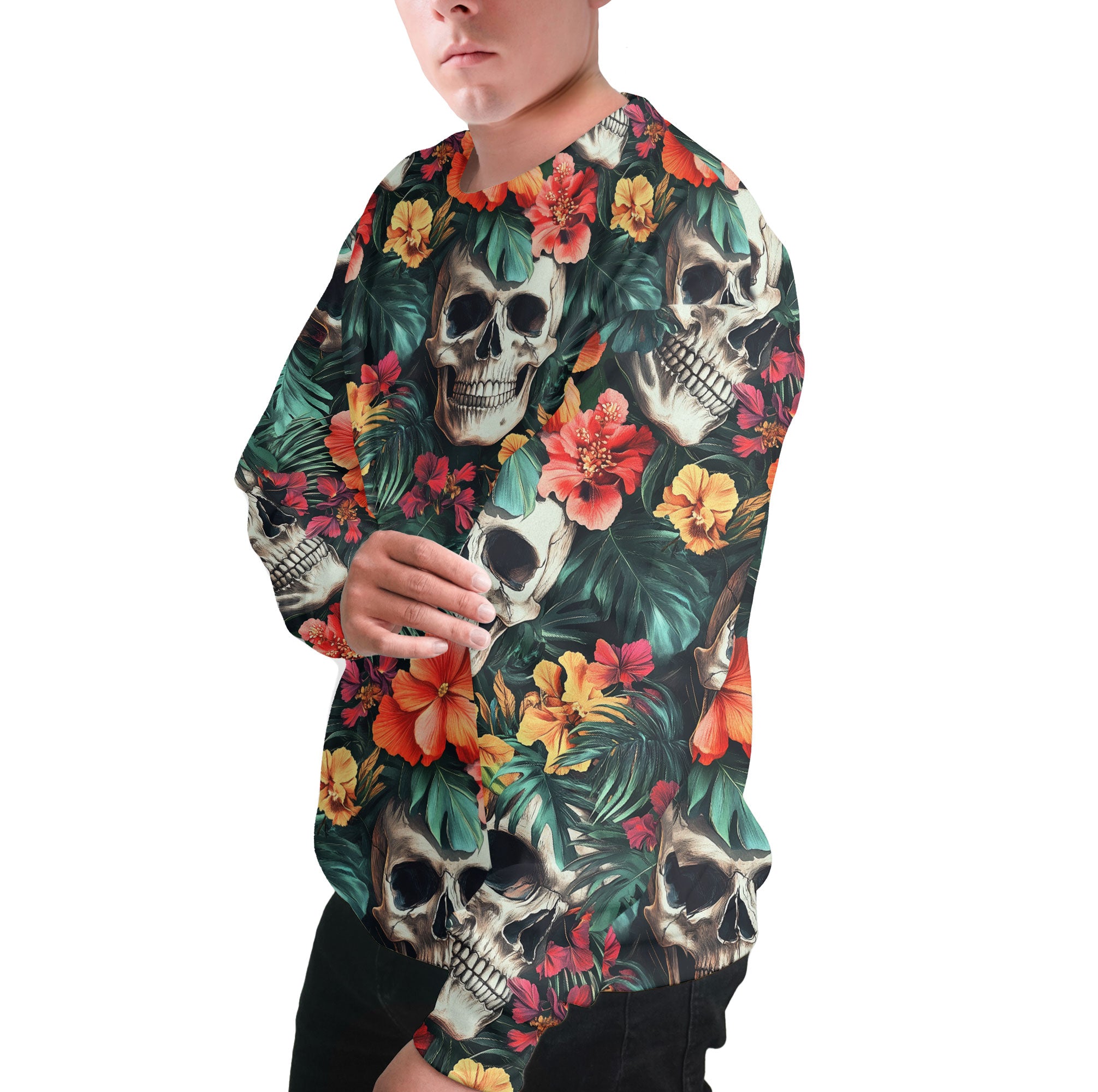 Colorful Flower Skull Pattern Sweatshirt - HYPERFAVOR