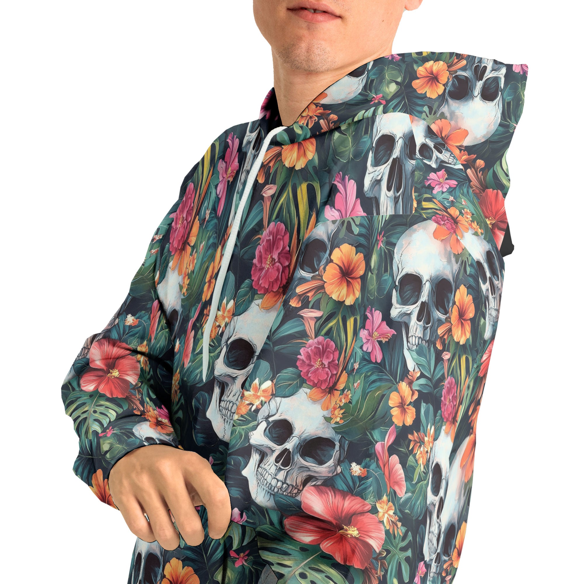 Colorful Tropical Flower Skull Pattern Hoodie - HYPERFAVOR