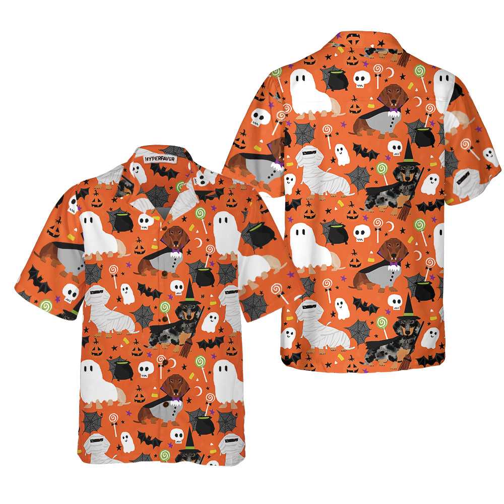 Dachshunds On Halloween Hawaiian Shirt, Spooky Dachshund Shirt, Funny Halloween Shirt For Men And Women