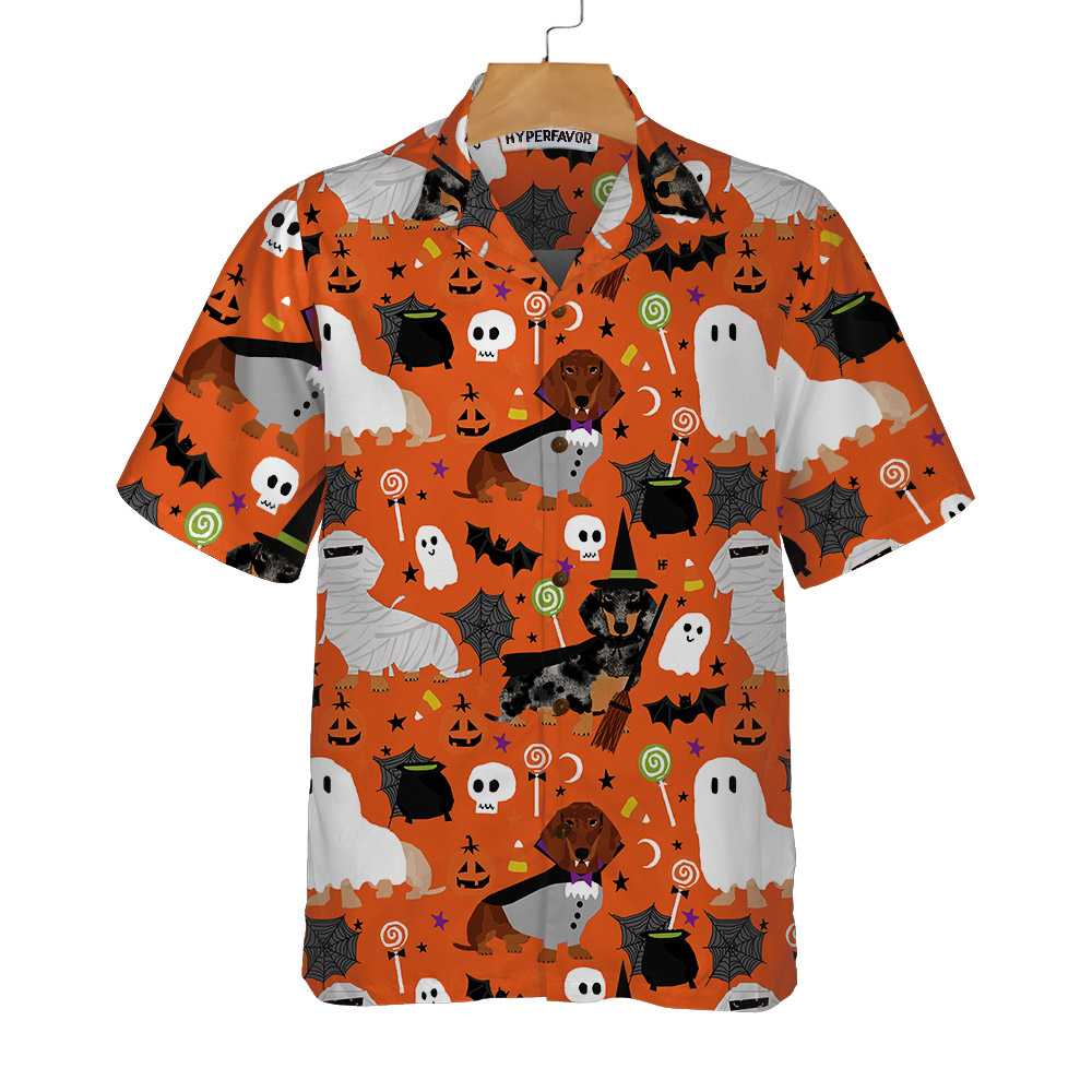 Dachshunds On Halloween Hawaiian Shirt, Spooky Dachshund Shirt, Funny Halloween Shirt For Men And Women