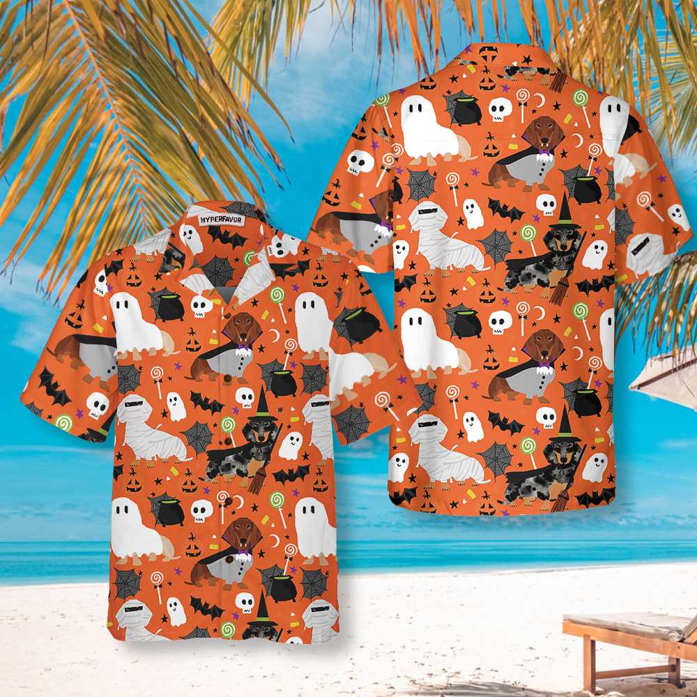 Dachshunds On Halloween Hawaiian Shirt, Spooky Dachshund Shirt, Funny Halloween Shirt For Men And Women