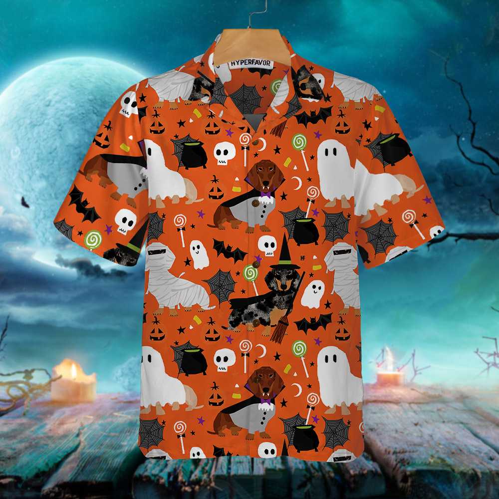 Dachshunds On Halloween Hawaiian Shirt, Spooky Dachshund Shirt, Funny Halloween Shirt For Men And Women