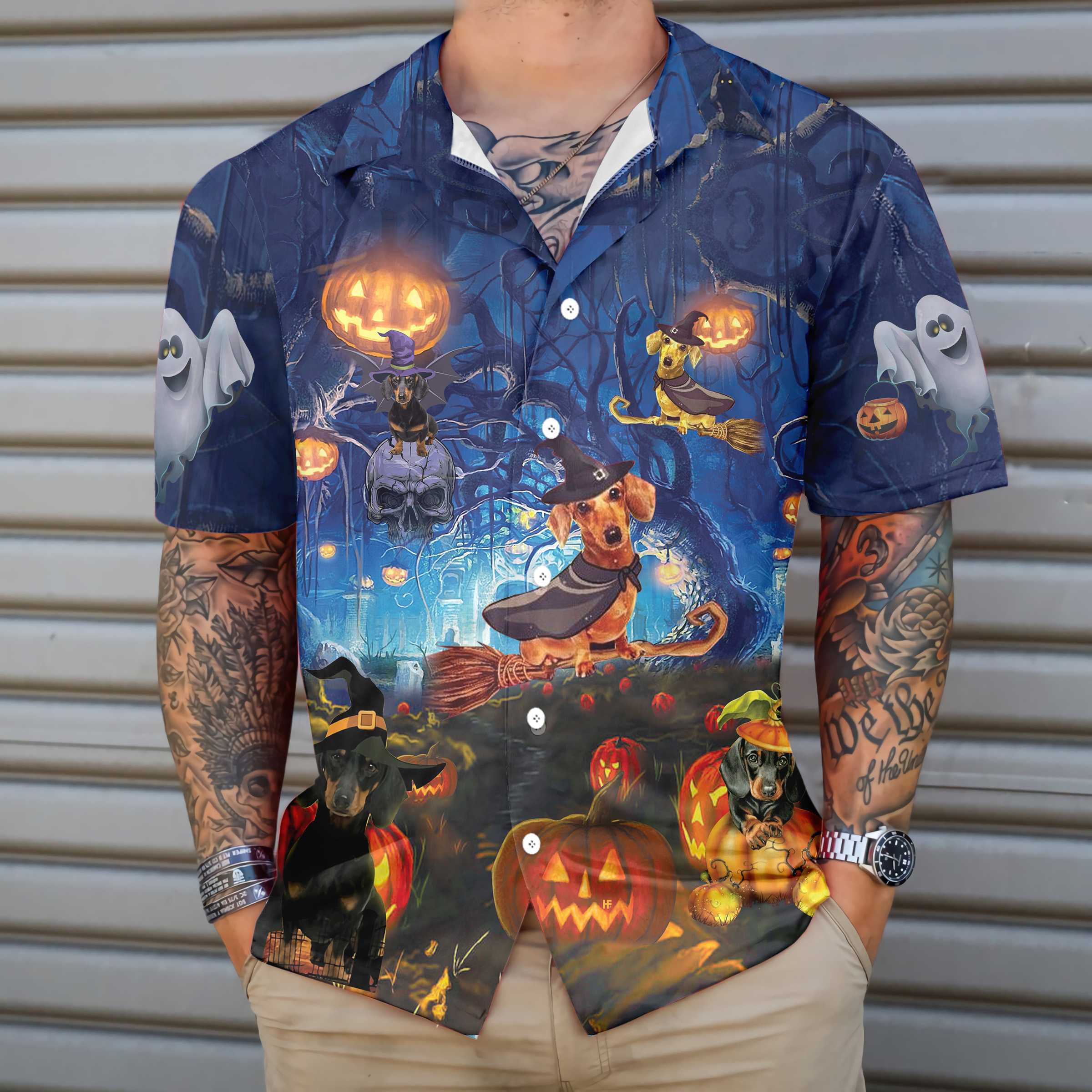 Dog The Witch For Halloween Hawaiian Shirt, Funny Dachshund Wich Halloween Shirt For Men And Women