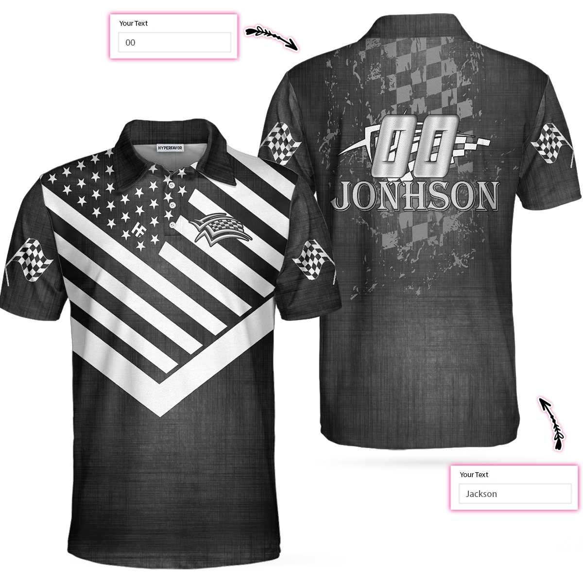 Drag Racing Custom Polo Shirt, Black American Flag Racing Shirt For Men