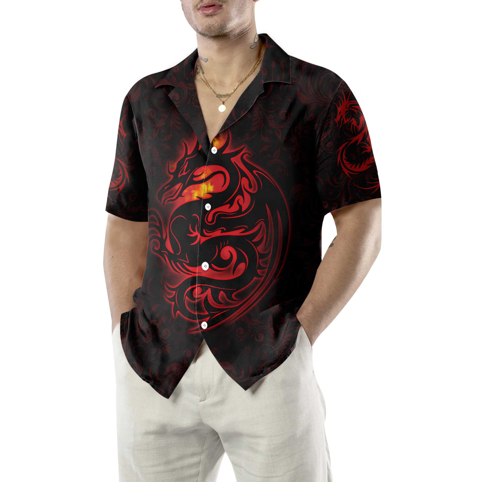 Dragon Tribal Tattoo Art Hawaiian Shirt, Cool Red Dragon Black Shirt