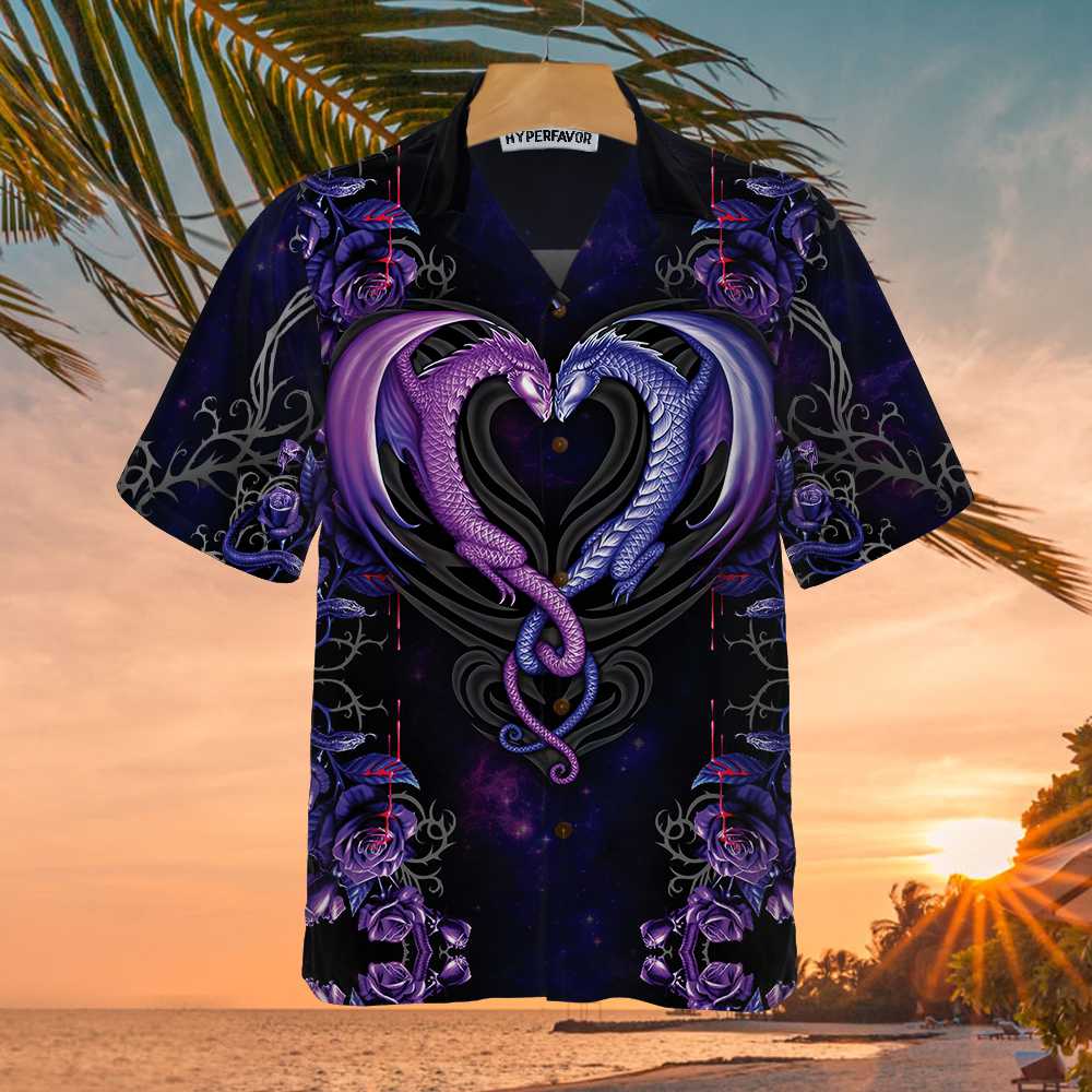 Dragons & The Love Flower Hawaiian Shirt, Unique Shirt With Dragon Couple And Roses