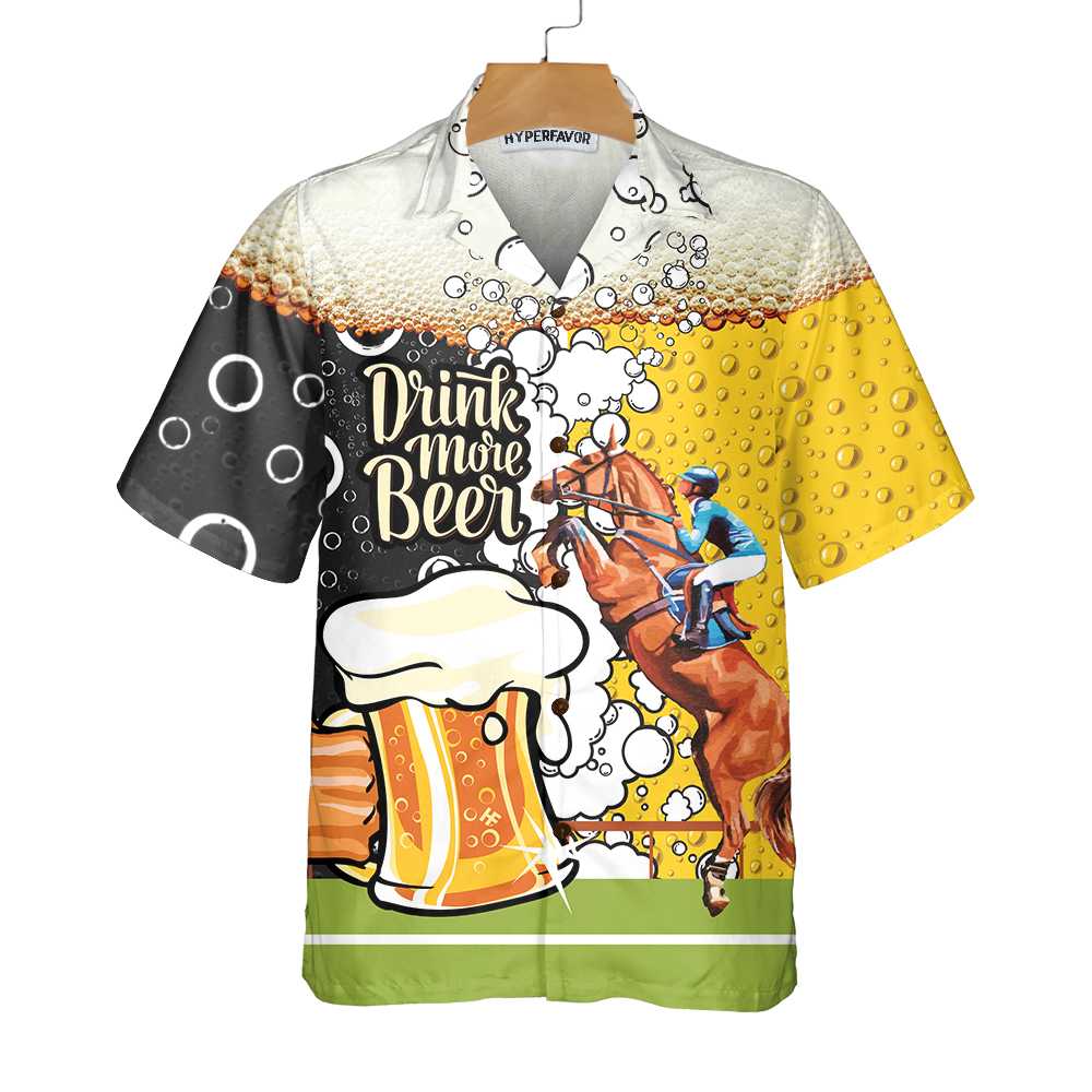 Drink More Beer And Racing Horse Hawaiian Shirt, Beer Mug Pattern Shirt, Beer Hawaiian Shirt, Best Gift For Beer Lovers