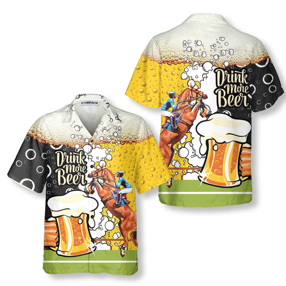 Drink More Beer And Racing Horse Hawaiian Shirt, Beer Mug Pattern Shirt, Beer Hawaiian Shirt, Best Gift For Beer Lovers