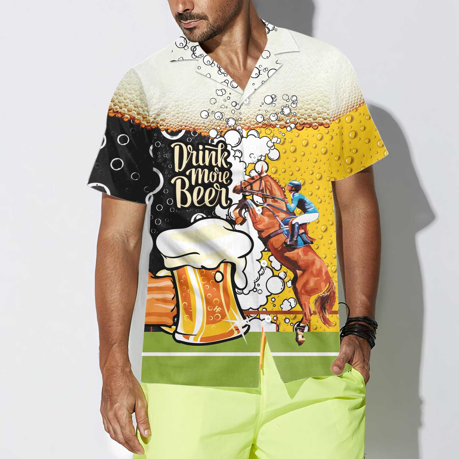 Drink More Beer And Racing Horse Hawaiian Shirt, Beer Mug Pattern Shirt, Beer Hawaiian Shirt, Best Gift For Beer Lovers