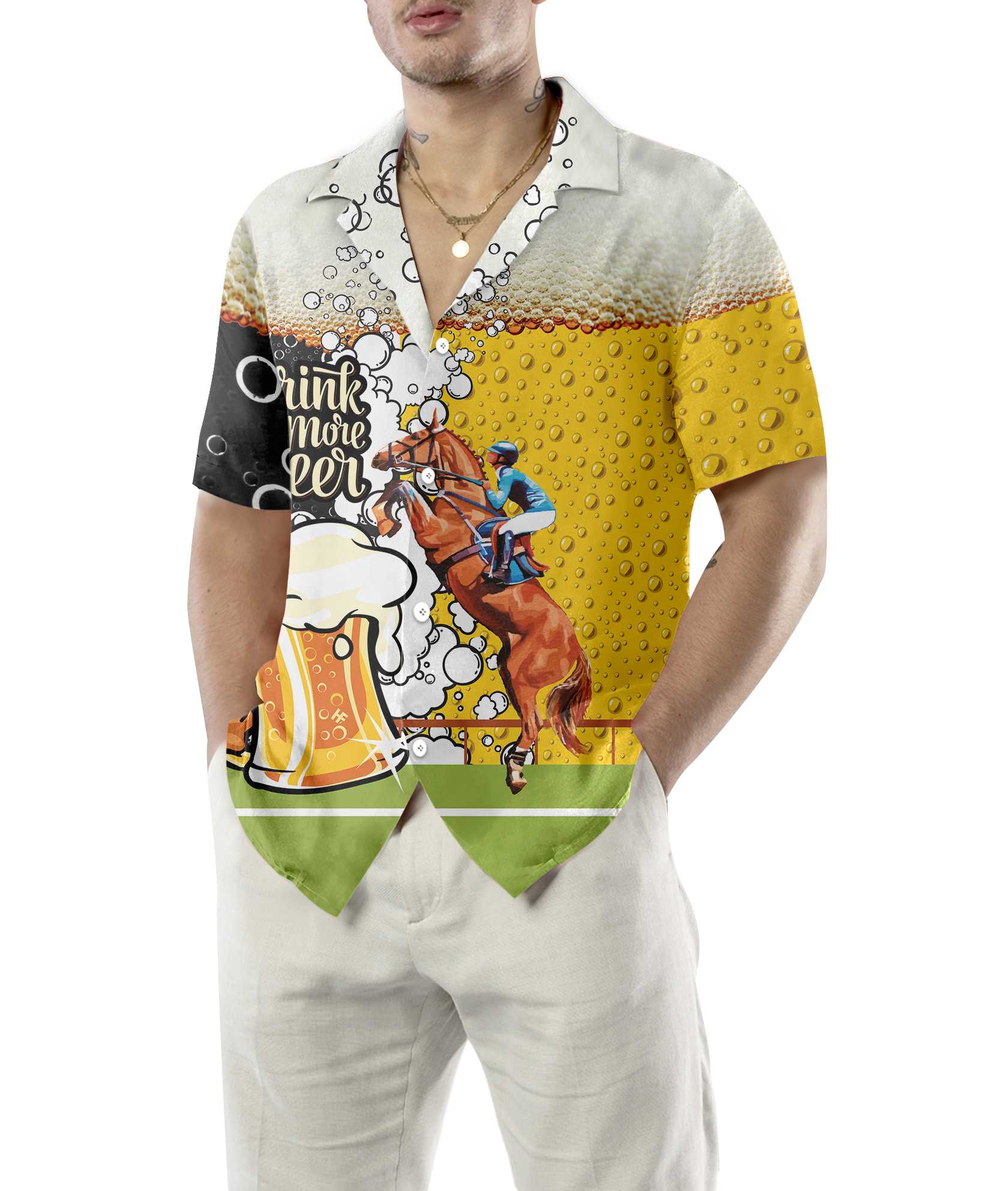 Drink More Beer And Racing Horse Hawaiian Shirt, Beer Mug Pattern Shirt, Beer Hawaiian Shirt, Best Gift For Beer Lovers