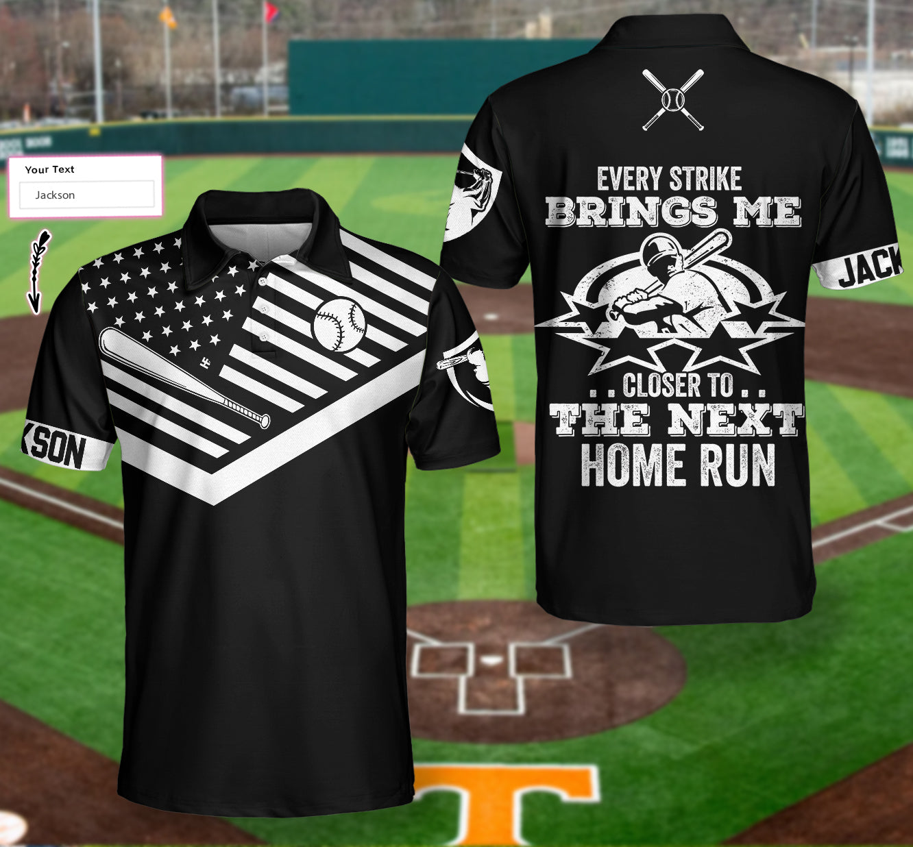 Every Strike Brings Me Closer To The Next Home Run Custom Polo Shirt, Personalized American Flag Baseball Shirt For Men