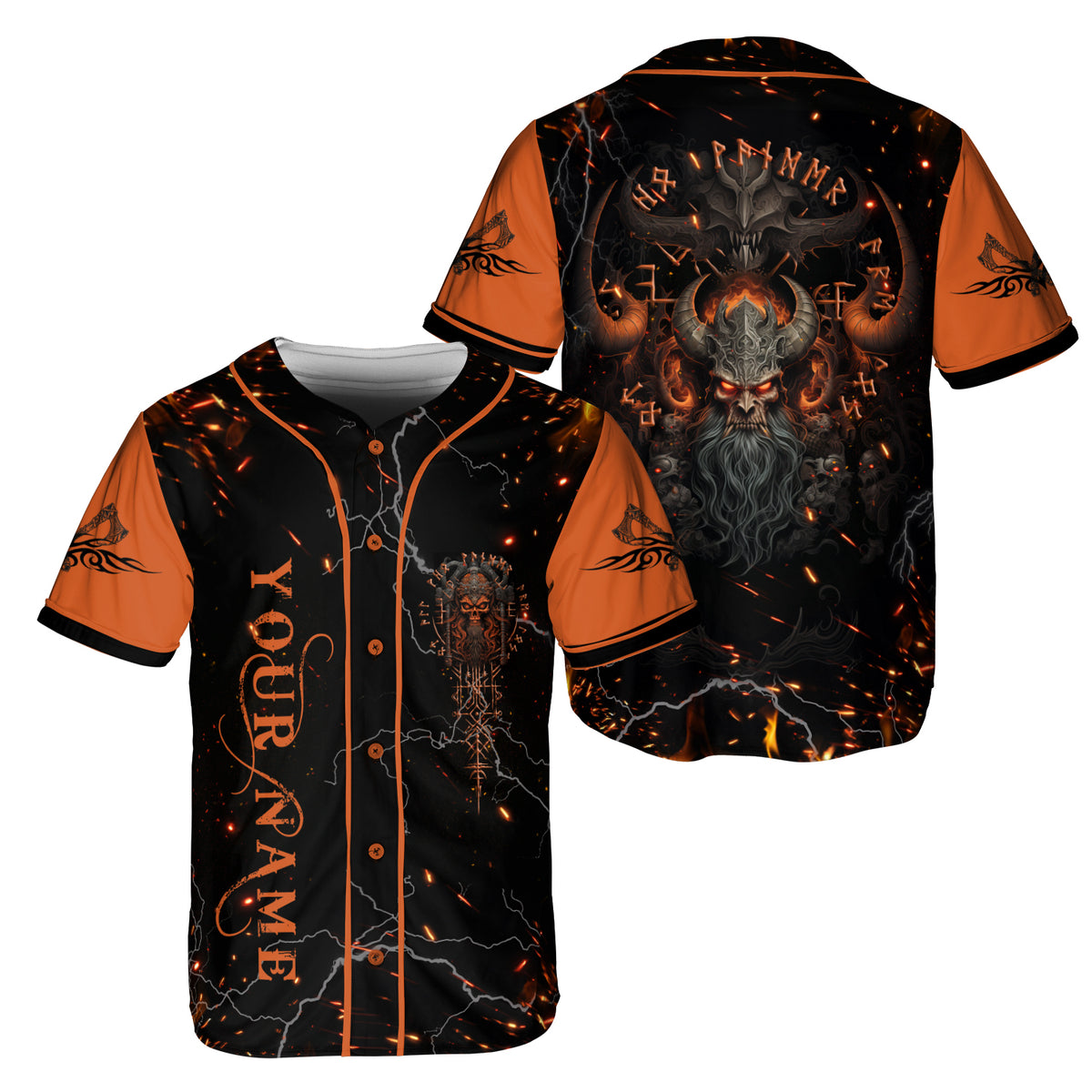 Flame Nordic Viking Warrior Skull Custom Baseball Jersey - HYPERFAVOR