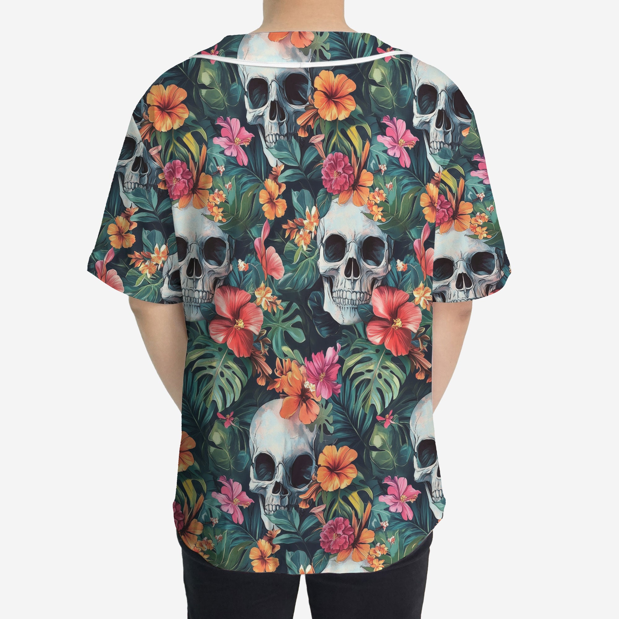 Colorful Tropical Flower Skull Pattern Baseball Jersey - HYPERFAVOR