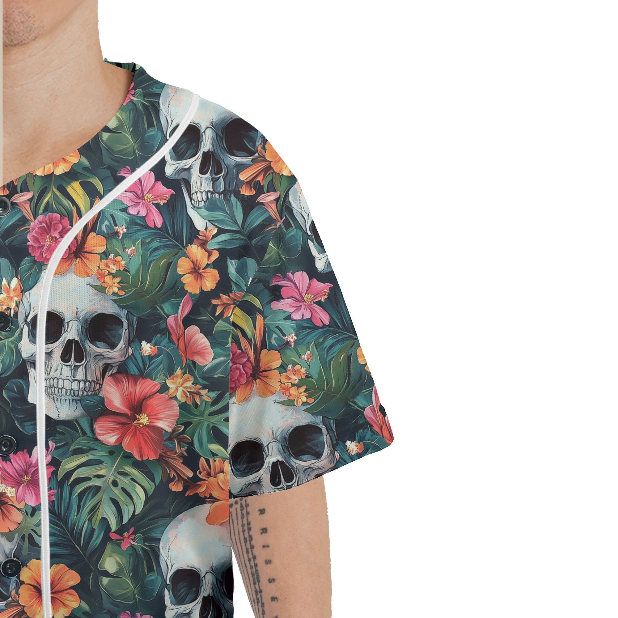 Colorful Tropical Flower Skull Pattern Baseball Jersey - HYPERFAVOR