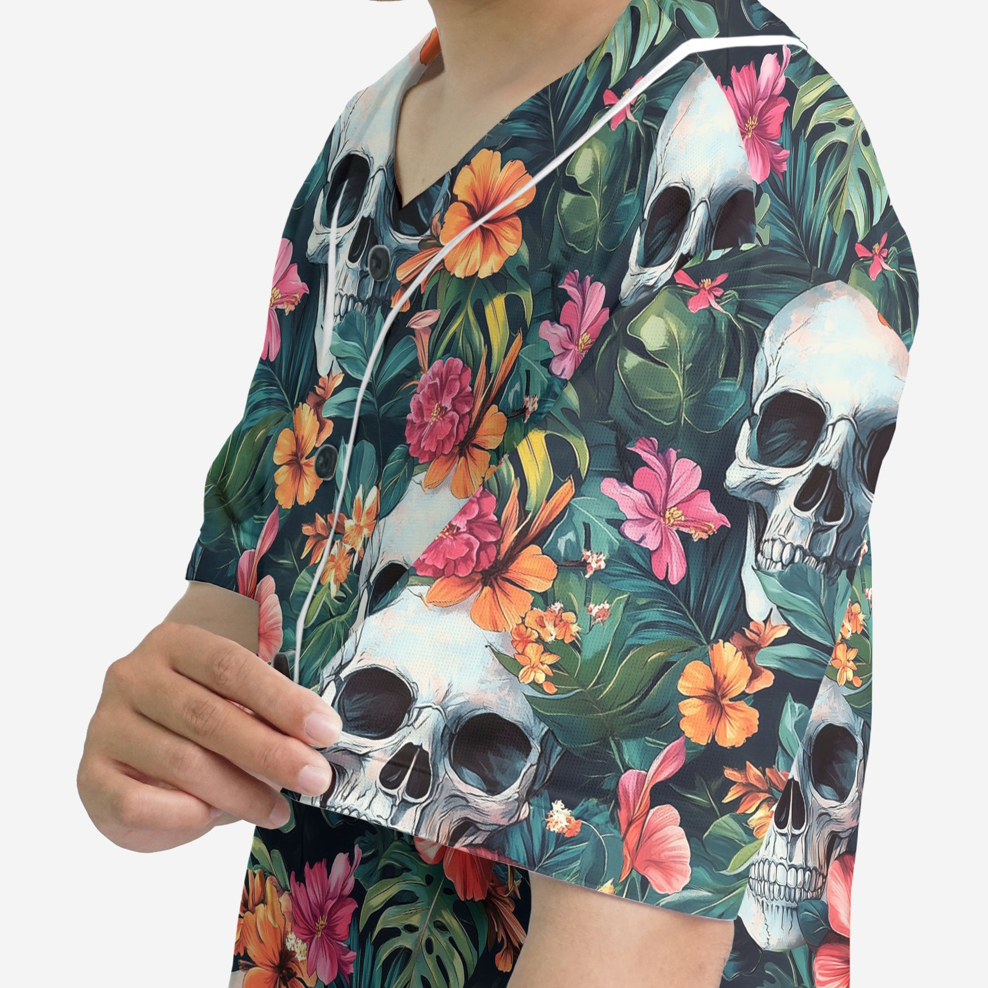 Colorful Tropical Flower Skull Pattern Baseball Jersey - HYPERFAVOR