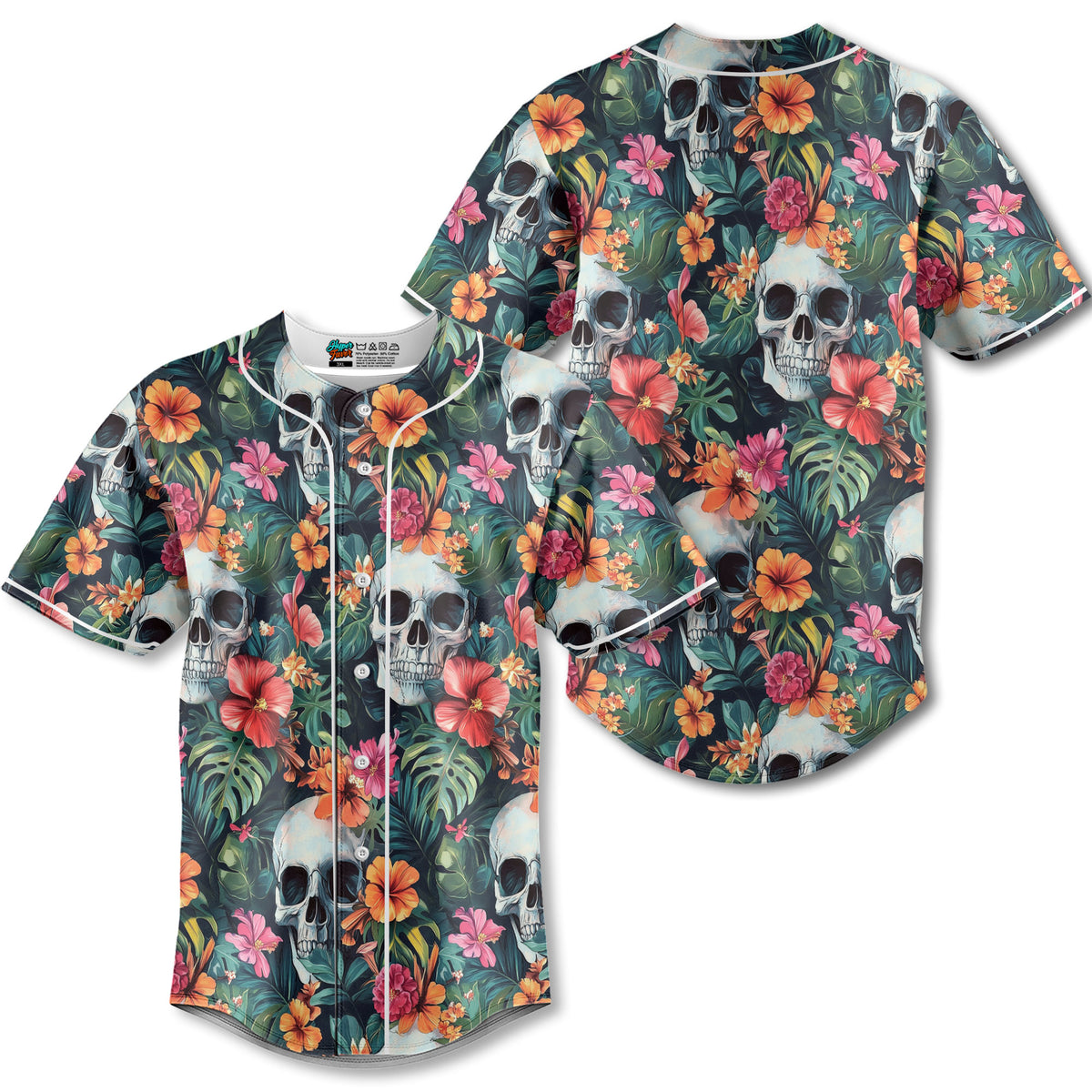 Colorful Tropical Flower Skull Pattern Baseball Jersey - HYPERFAVOR