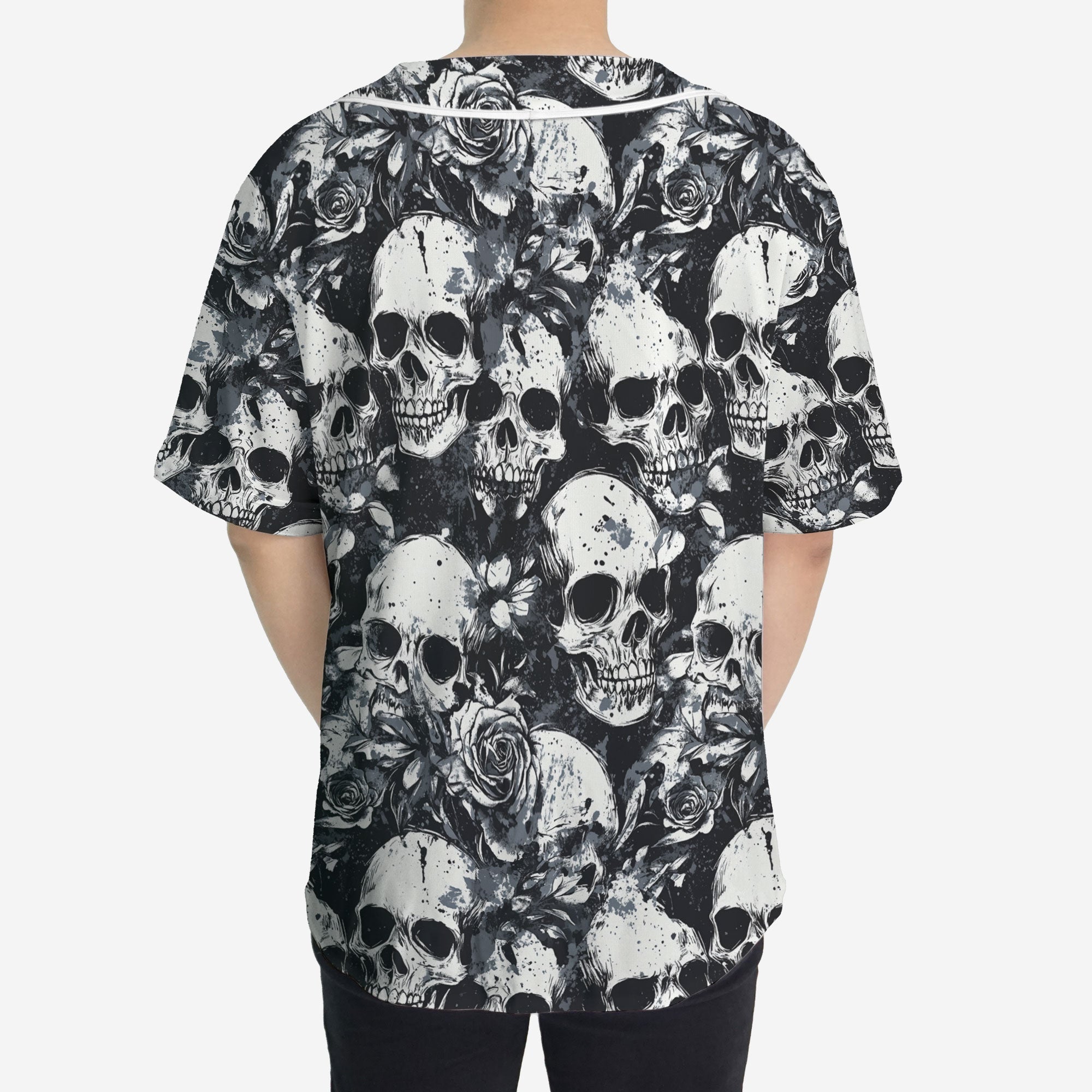 Rose Flower Skull Black & White Pattern Baseball Jersey - HYPERFAVOR