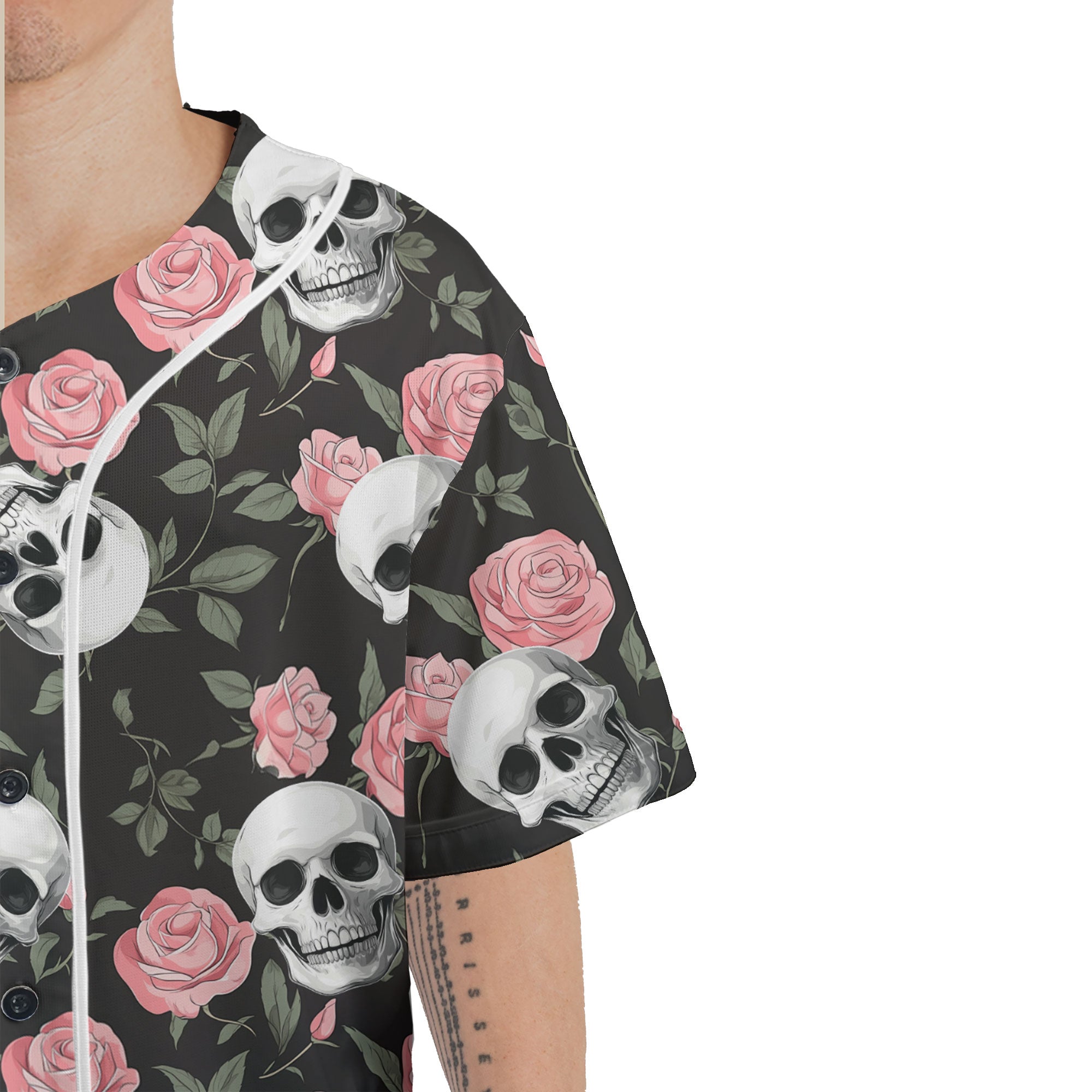 Rose Flower Skull Pattern Baseball Jersey - HYPERFAVOR