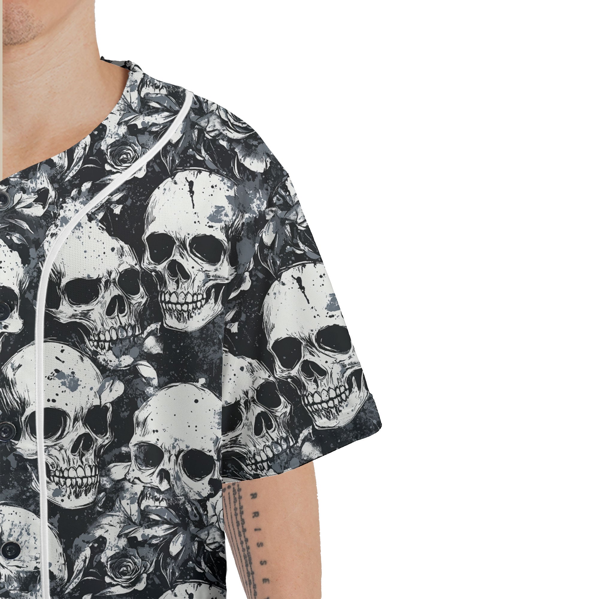 Rose Flower Skull Black & White Pattern Baseball Jersey - HYPERFAVOR