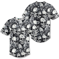 Rose Flower Skull Black & White Pattern Baseball Jersey - HYPERFAVOR