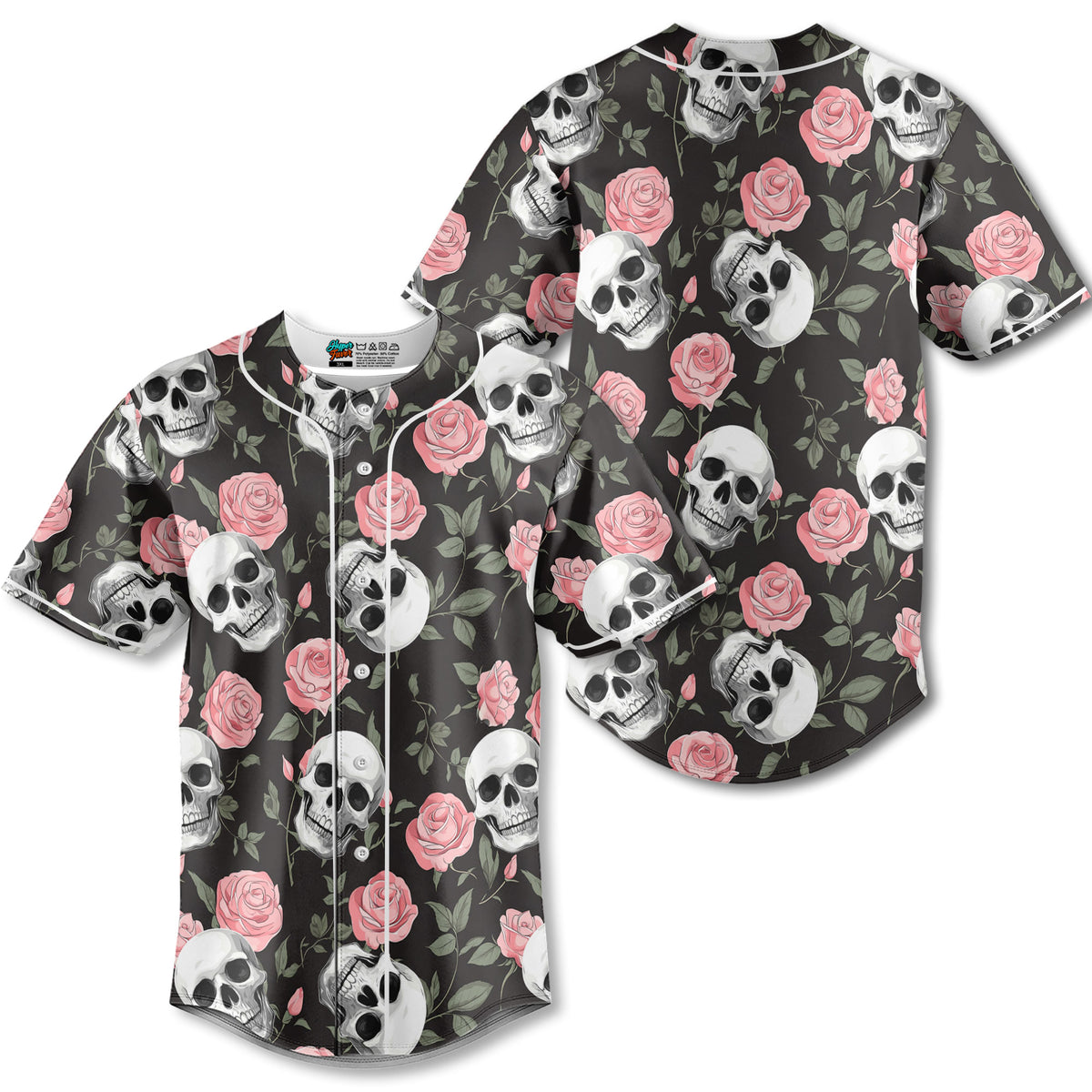 Rose Flower Skull Pattern Baseball Jersey - HYPERFAVOR