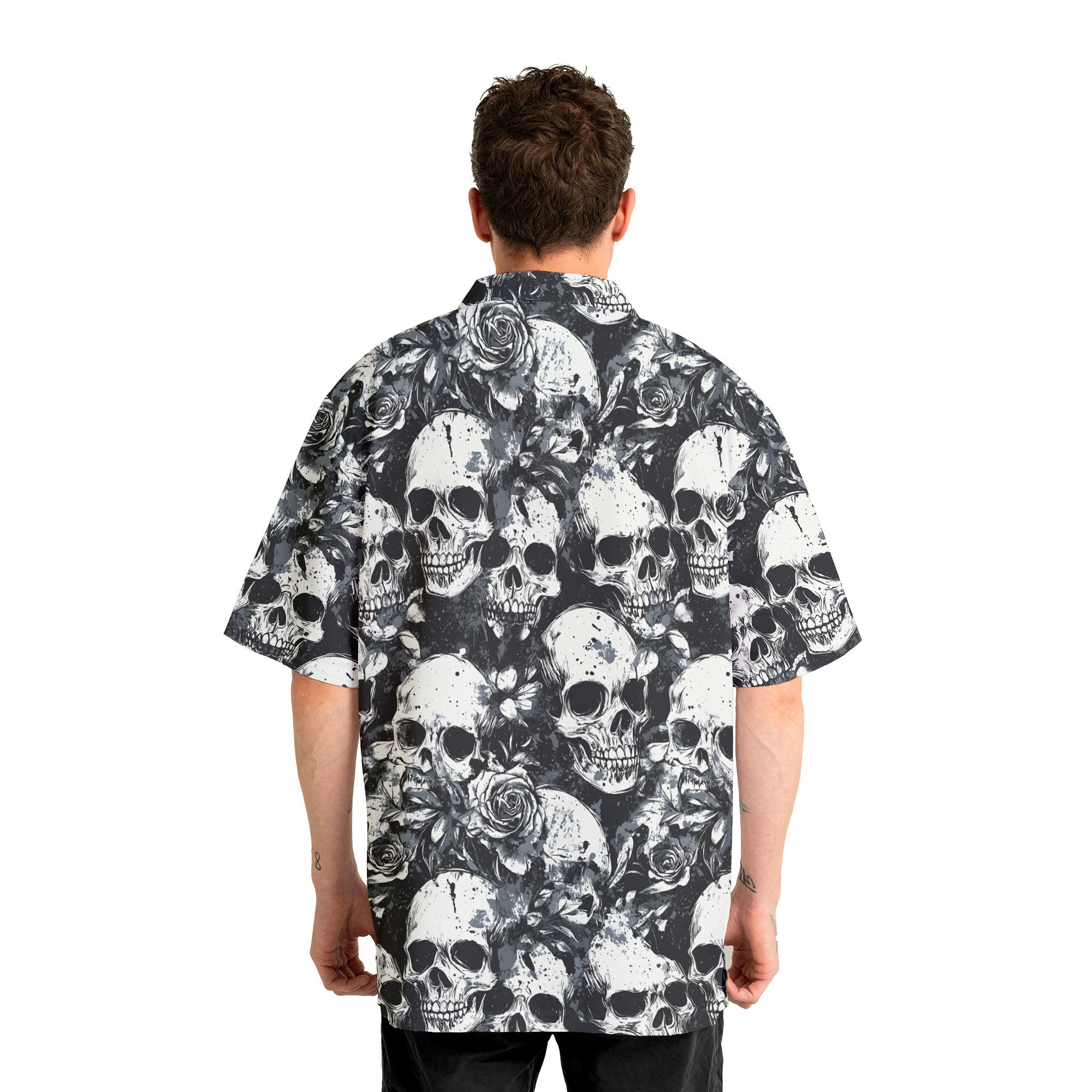 Rose Flower Skull Black & White Pattern Hawaiian Shirt - HYPERFAVOR