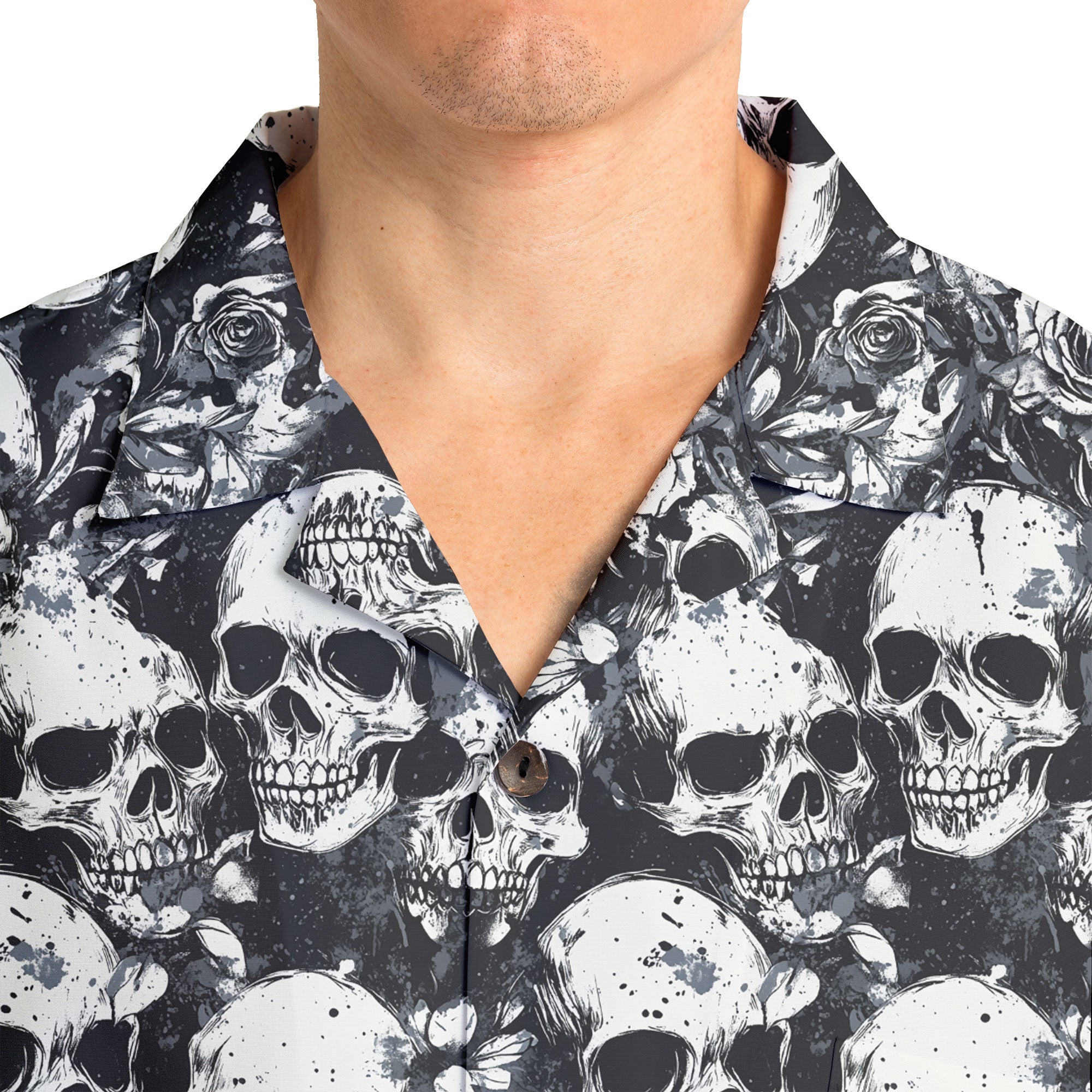 Rose Flower Skull Black & White Pattern Hawaiian Shirt - HYPERFAVOR