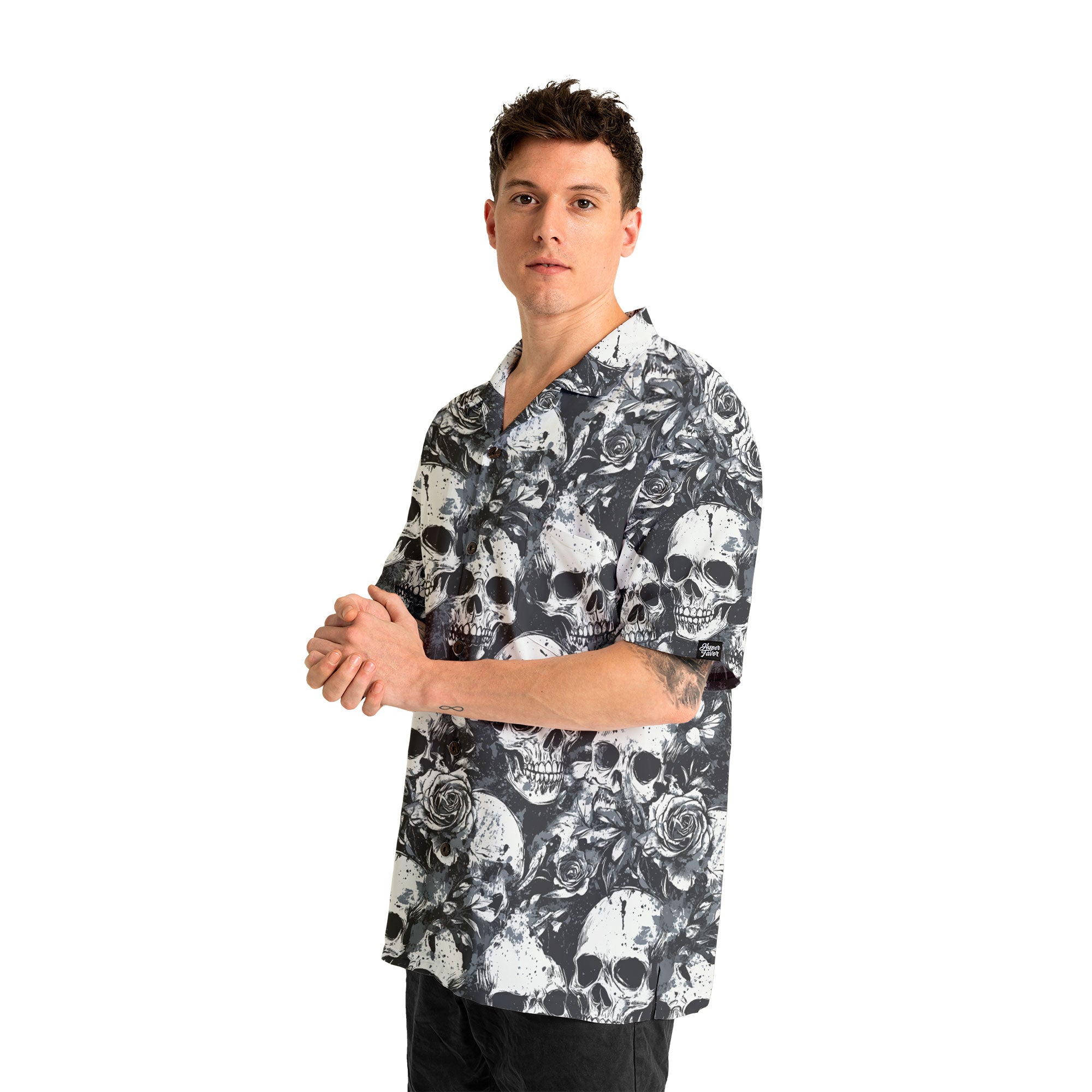 Rose Flower Skull Black & White Pattern Hawaiian Shirt - HYPERFAVOR