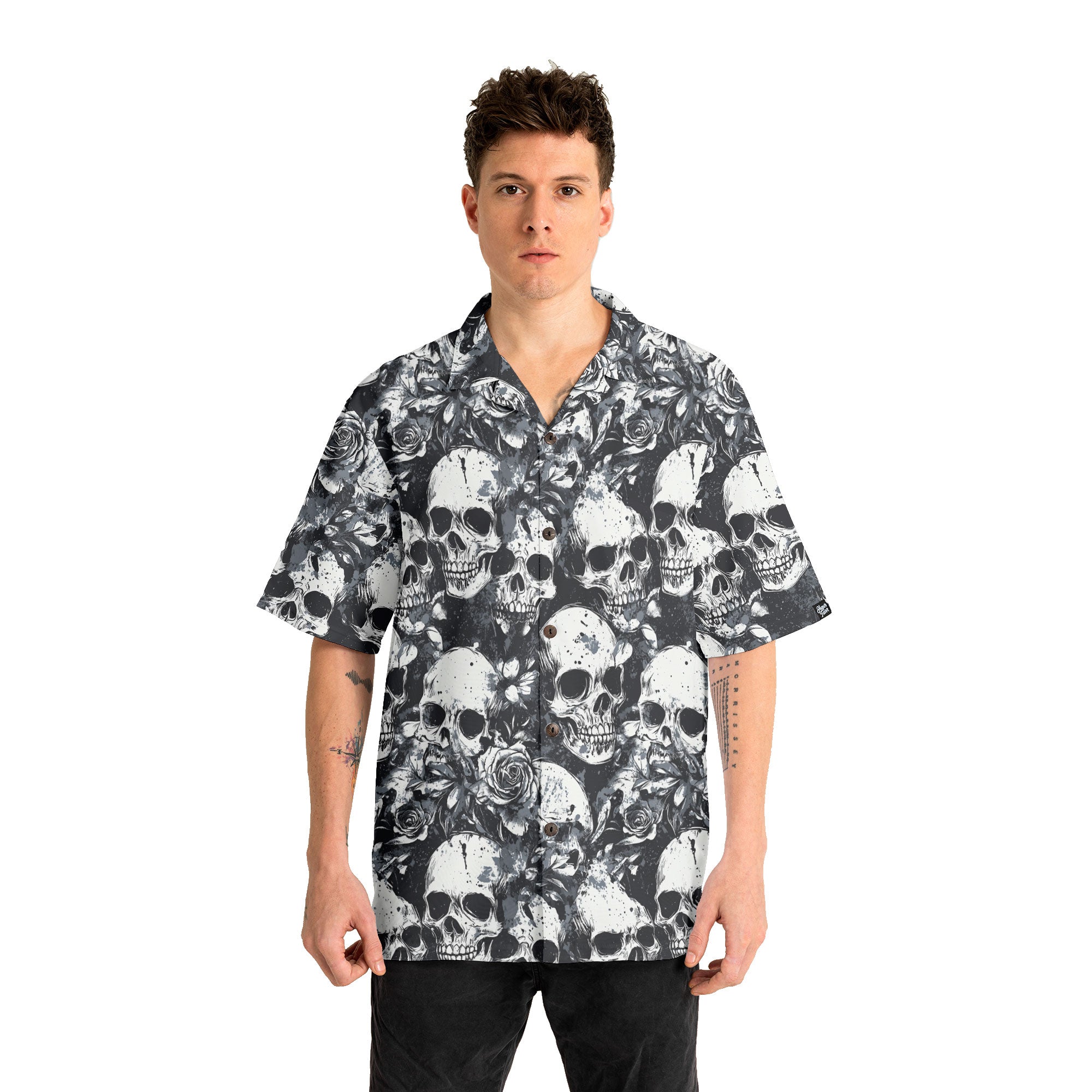 Rose Flower Skull Black & White Pattern Hawaiian Shirt - HYPERFAVOR