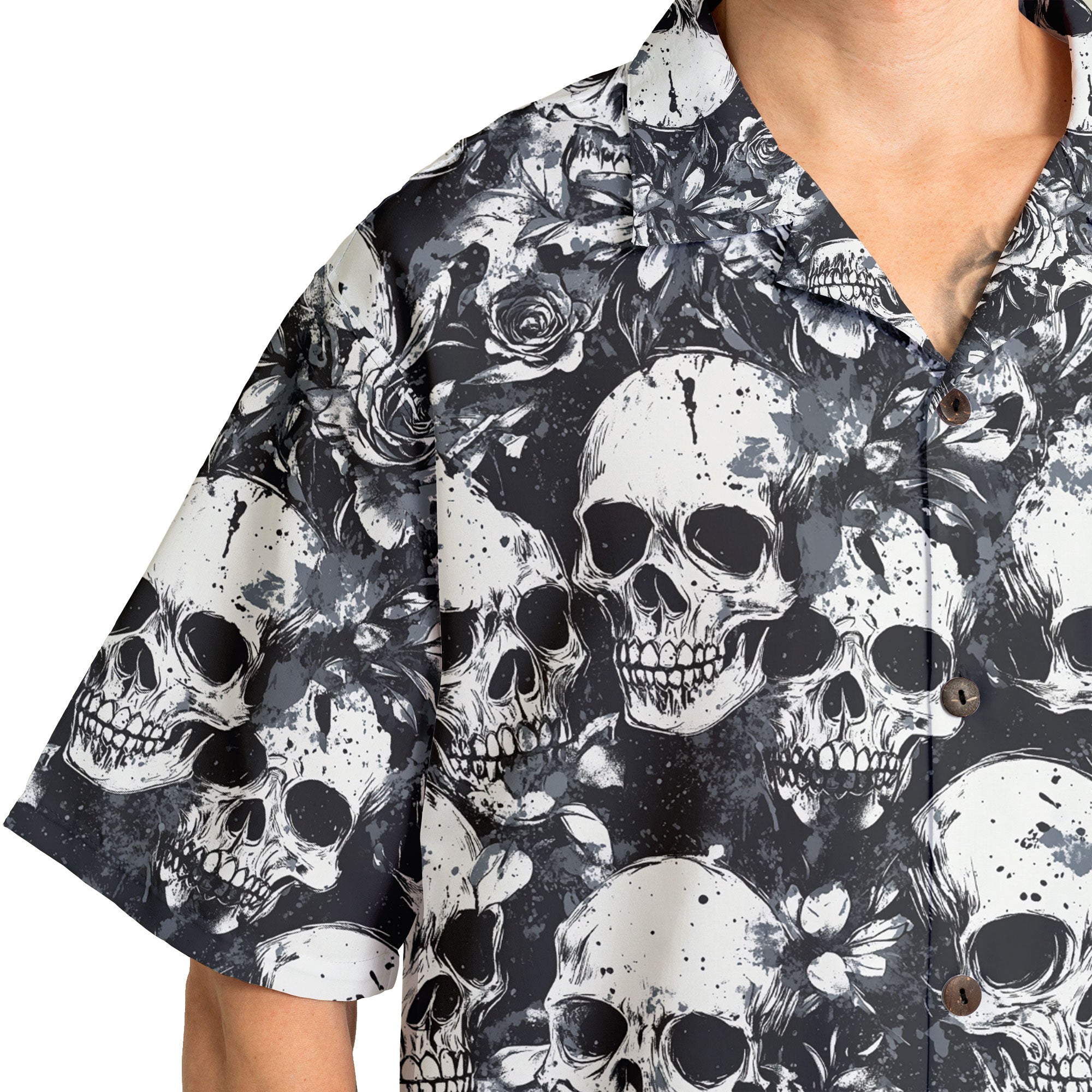 Rose Flower Skull Black & White Pattern Hawaiian Shirt - HYPERFAVOR