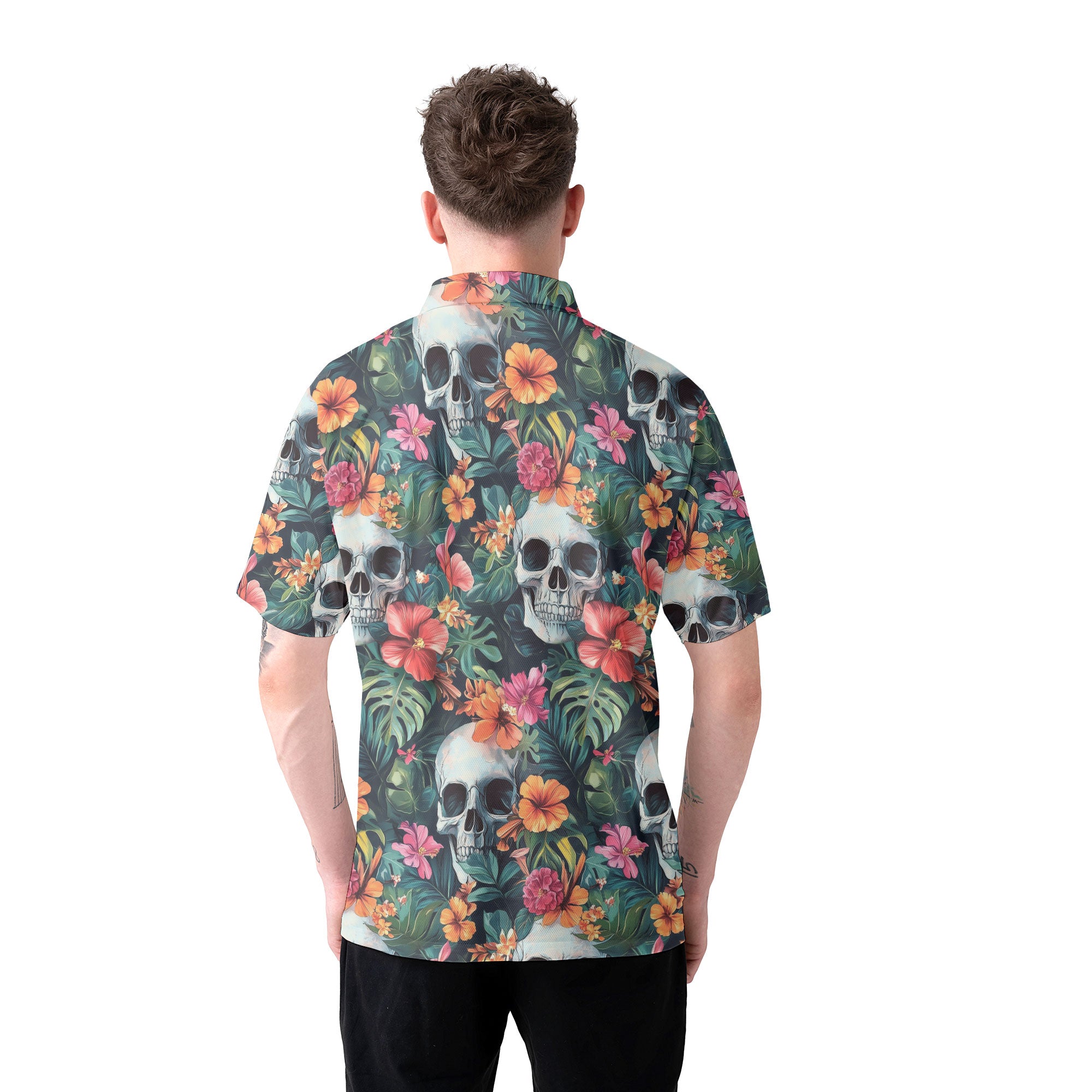 Colorful Tropical Flower Skull Pattern Polo Shirt - HYPERFAVOR