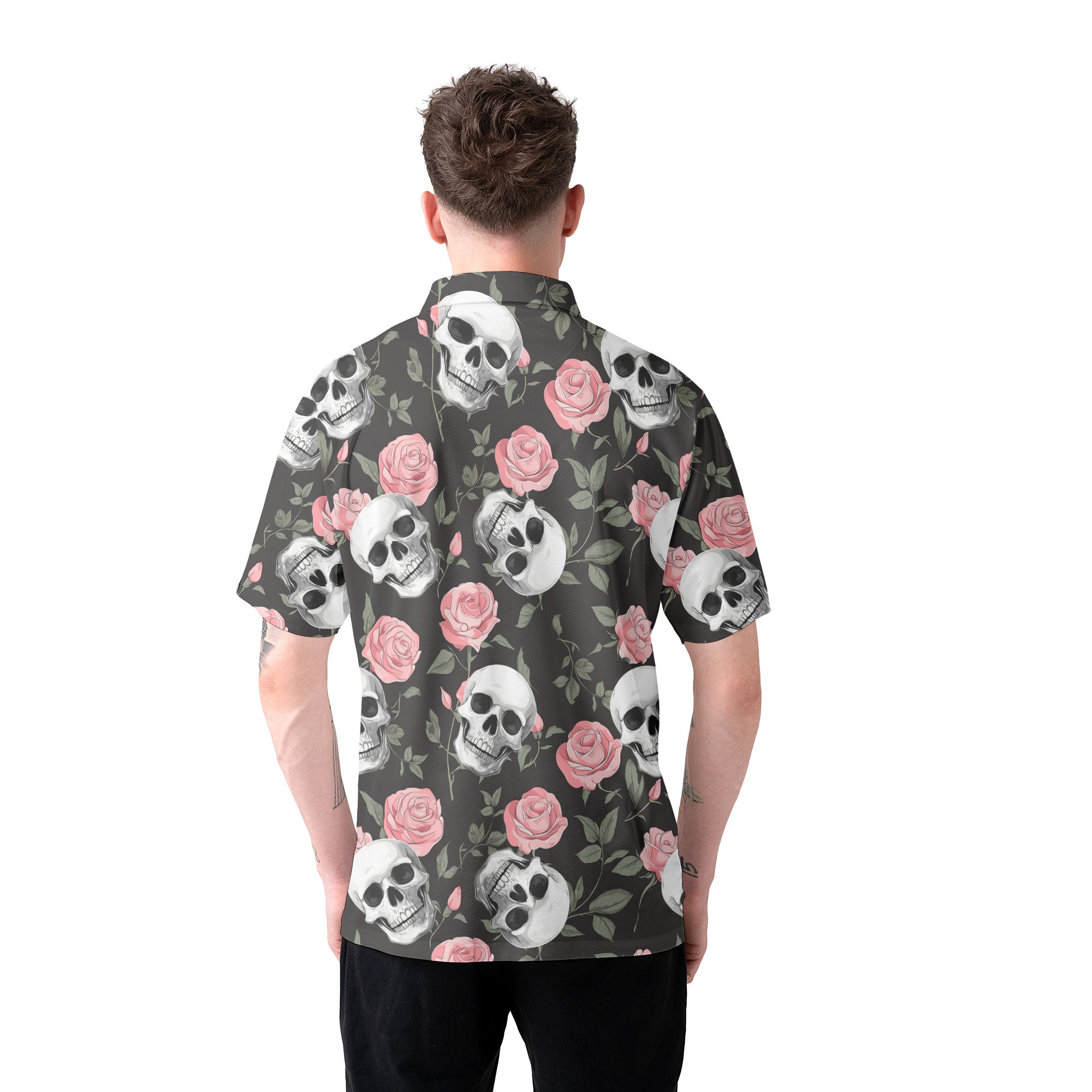 Rose Flower Skull Pattern Men Polo Shirt - HYPERFAVOR