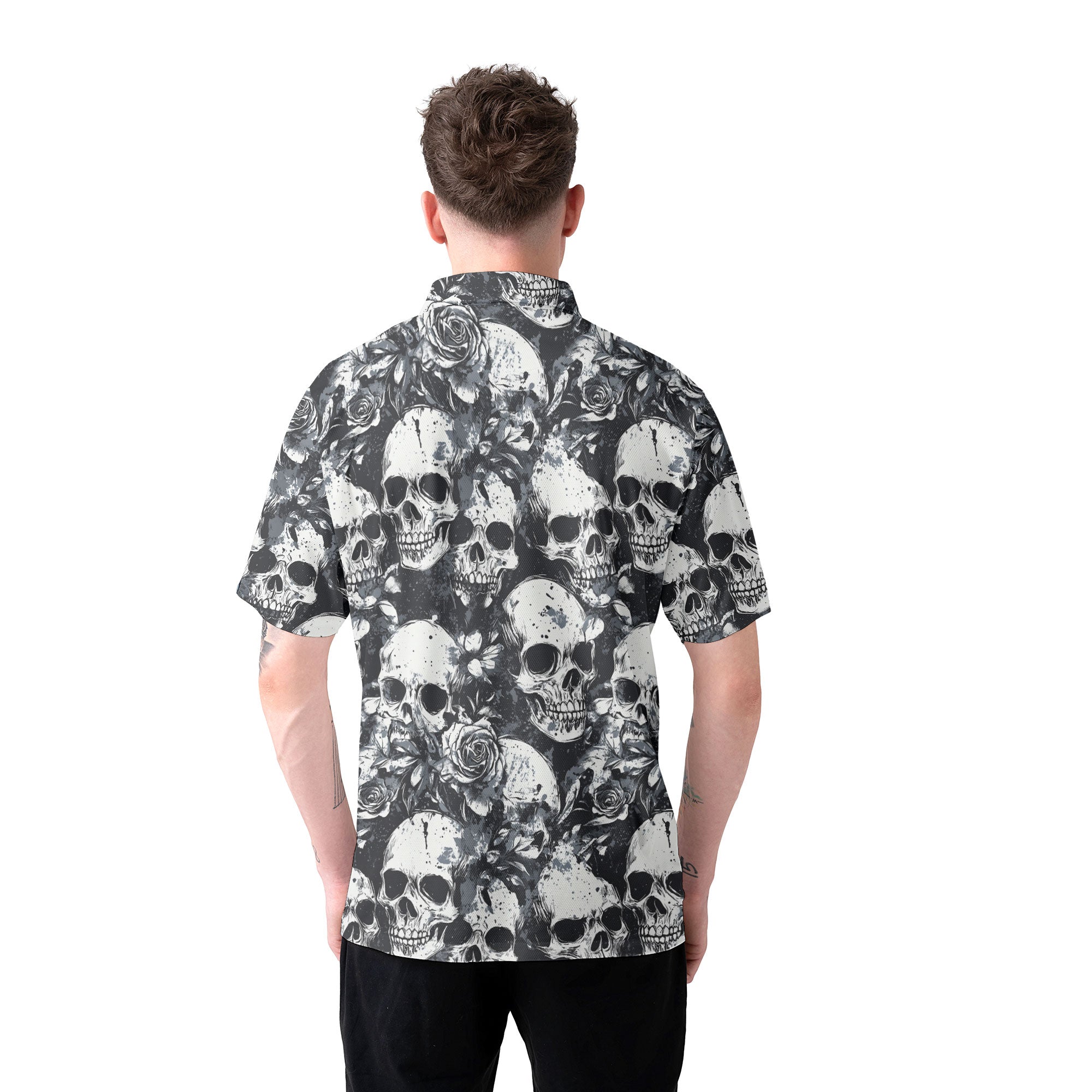 Rose Flower Skull Black & White Pattern Men Polo Shirt - HYPERFAVOR