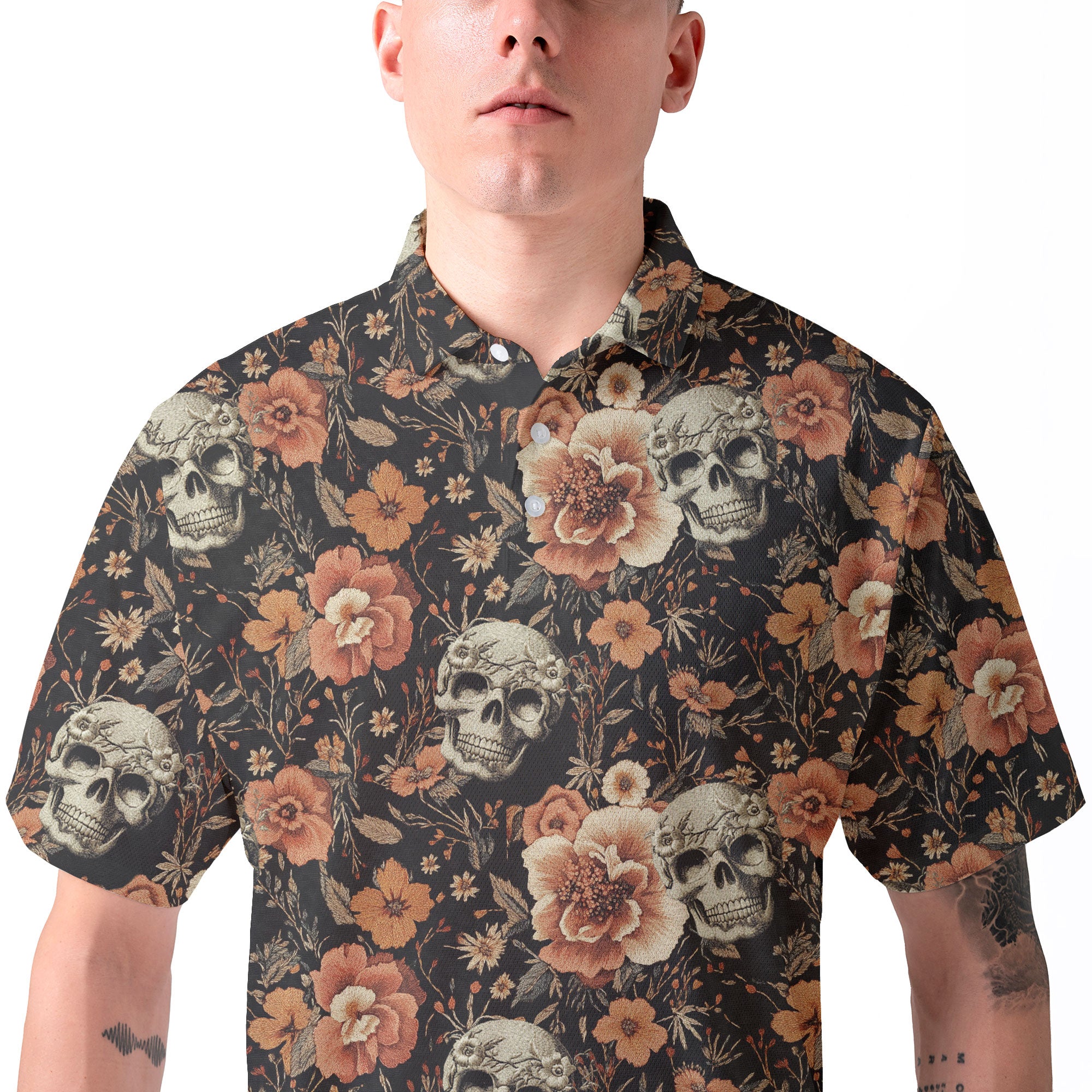 Vintage Flower Skull Pattern Men Polo Shirt - HYPERFAVOR